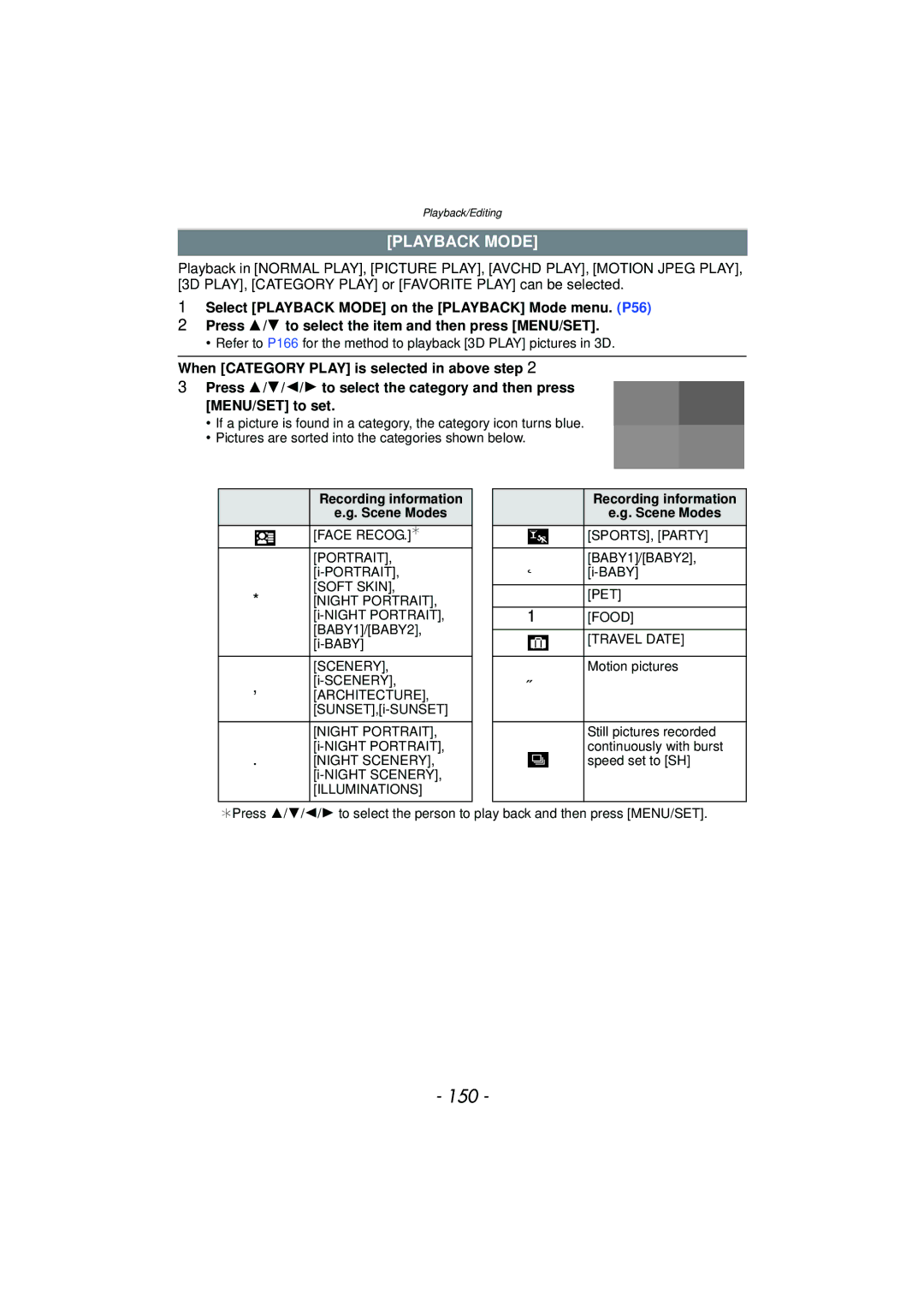 Panasonic DMC-G3 owner manual 150, Playback Mode, Recording information Scene Modes 