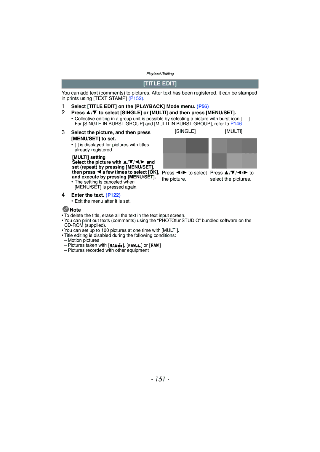 Panasonic DMC-G3 owner manual 151, Title Edit, Select the picture, and then press MENU/SET to set, Enter the text. P122 