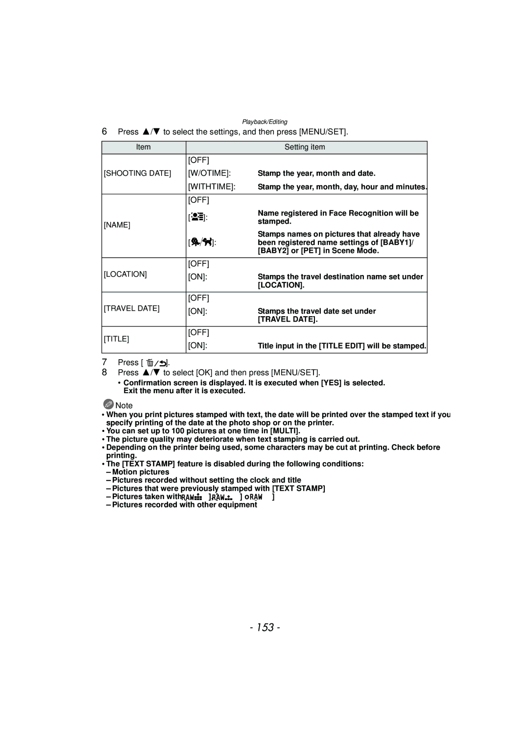 Panasonic DMC-G3 owner manual 153, Press 3/4 to select the settings, and then press MENU/SET, Otime, Withtime 