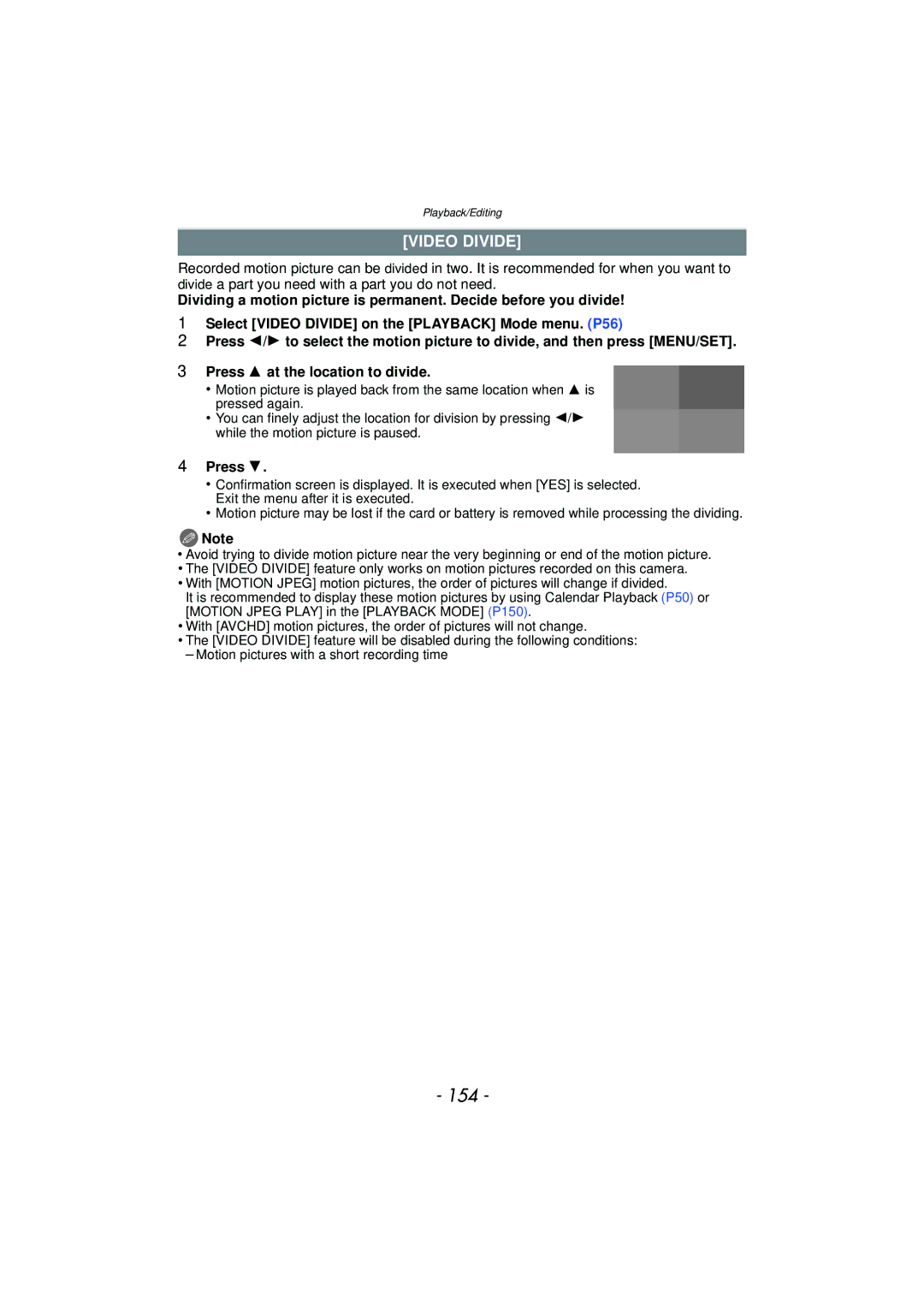 Panasonic DMC-G3 owner manual 154, Video Divide 