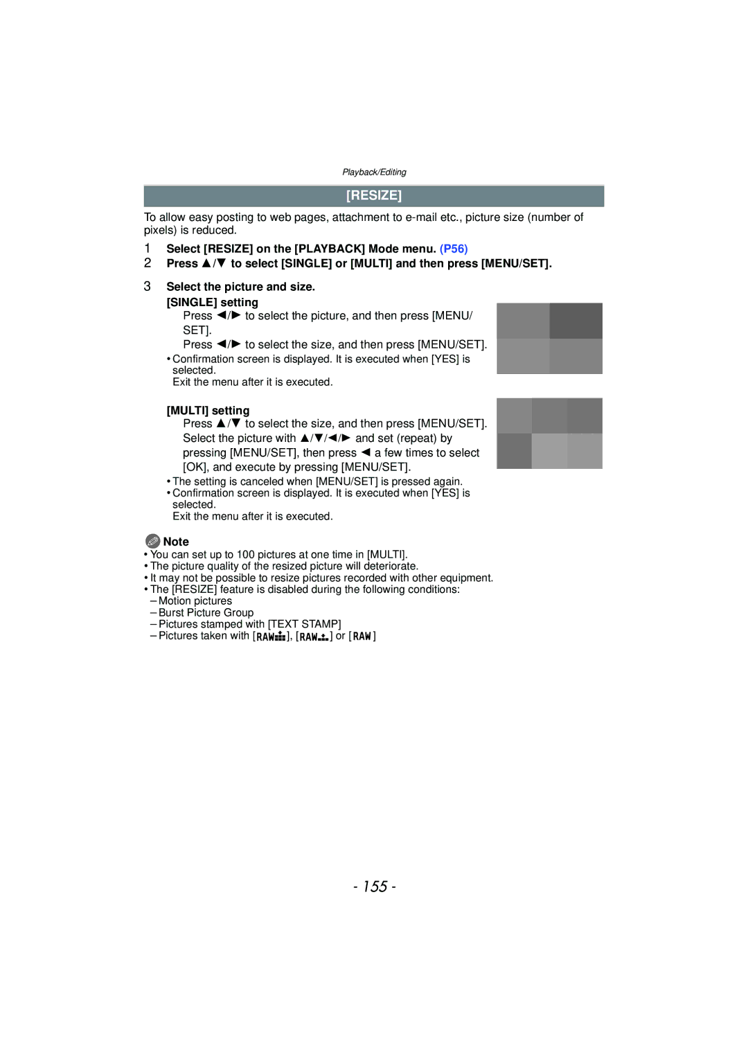 Panasonic DMC-G3 owner manual 155, Resize, Press 2/1 to select the picture, and then press Menu, Multi setting 