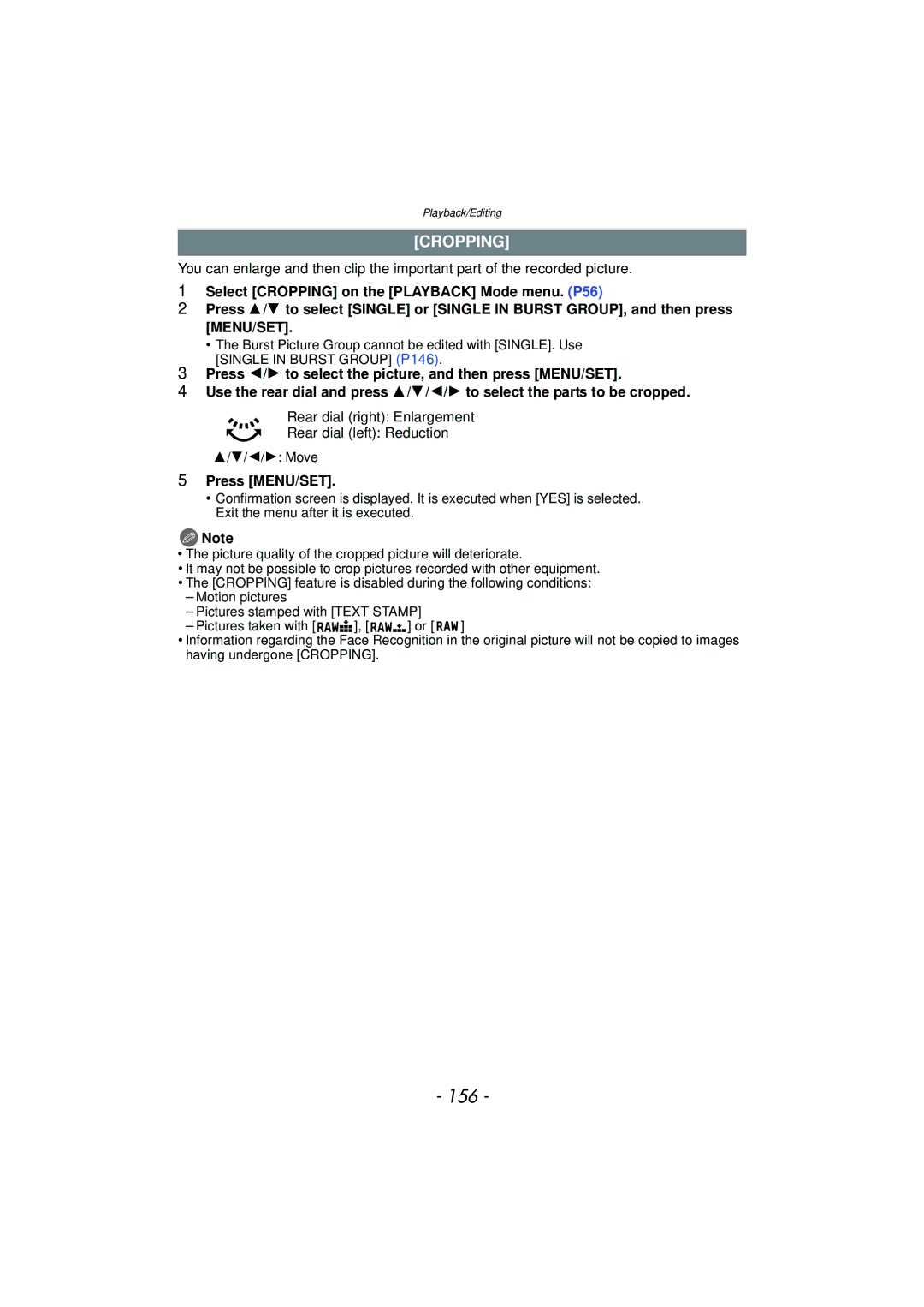 Panasonic DMC-G3 owner manual 156, Cropping, Rear dial right Enlargement Rear dial left Reduction 