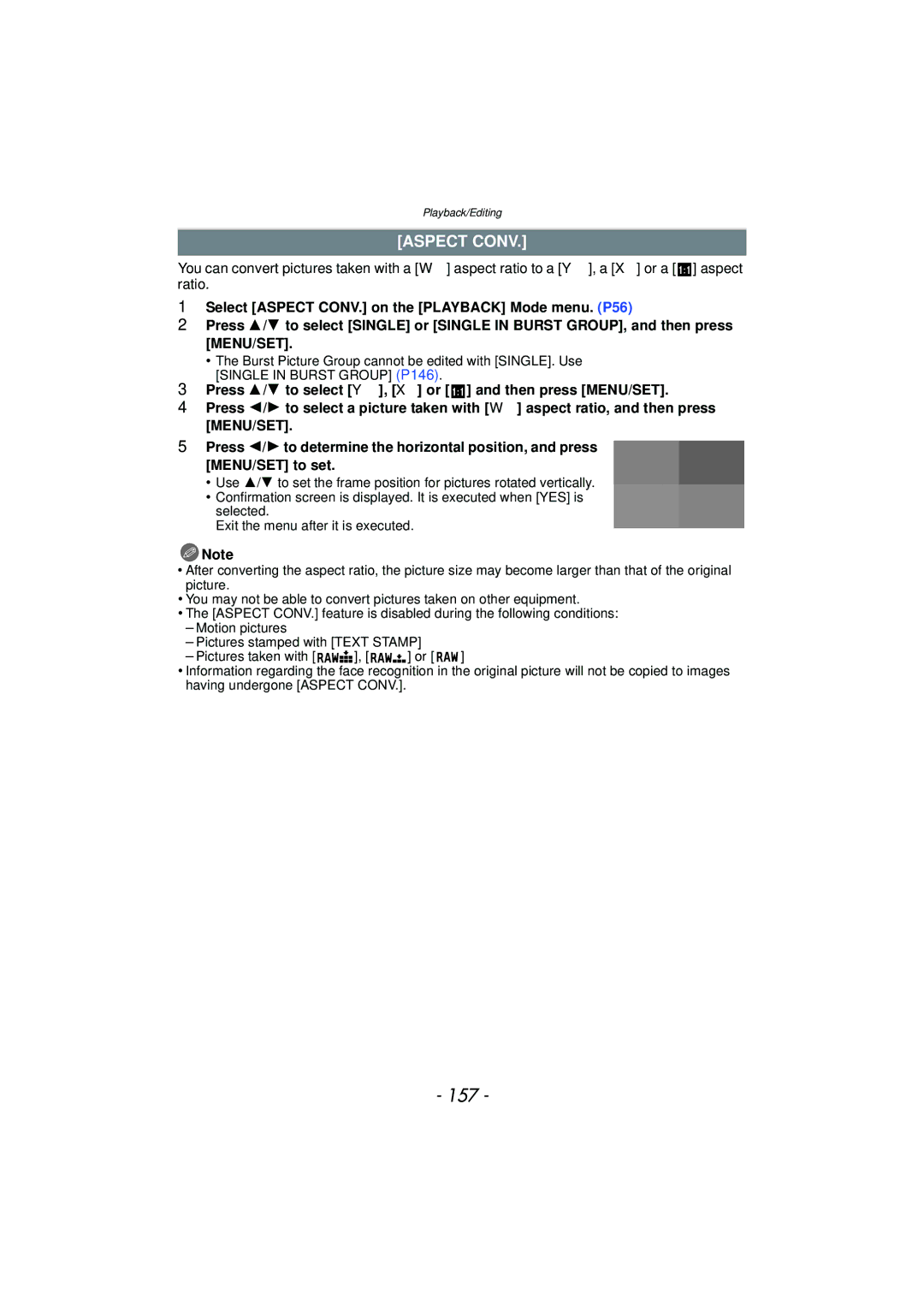 Panasonic DMC-G3 owner manual 157, Aspect Conv 