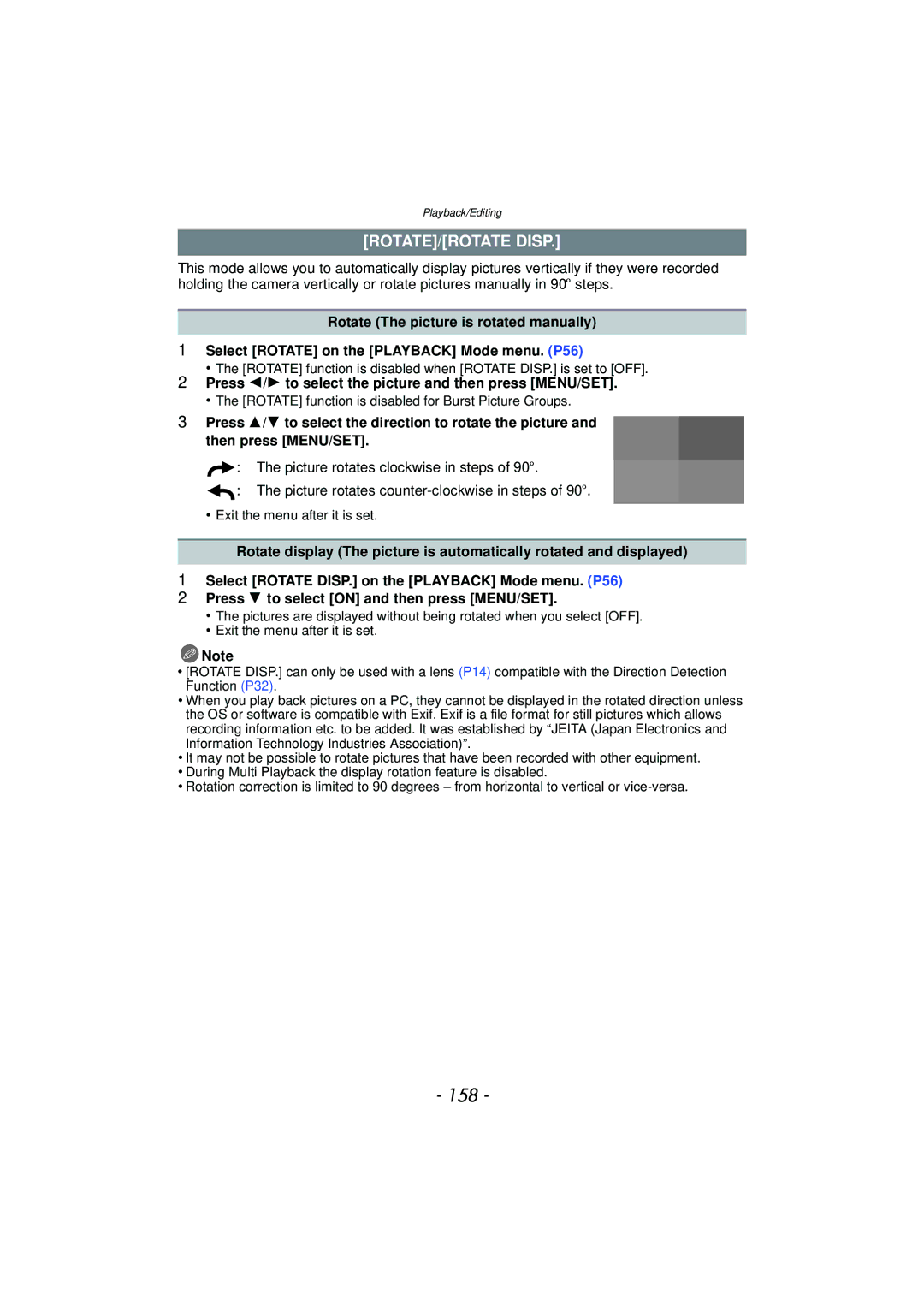 Panasonic DMC-G3 owner manual 158, ROTATE/ROTATE Disp, Press 2/1 to select the picture and then press MENU/SET 