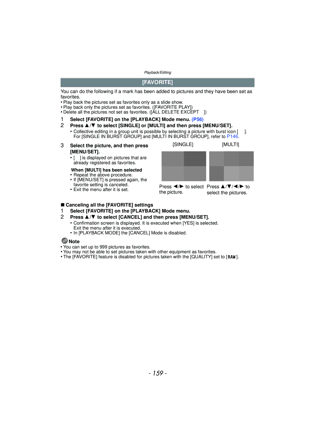 Panasonic DMC-G3 owner manual 159, Favorite, Select the picture, and then press MENU/SET, When Multi has been selected 