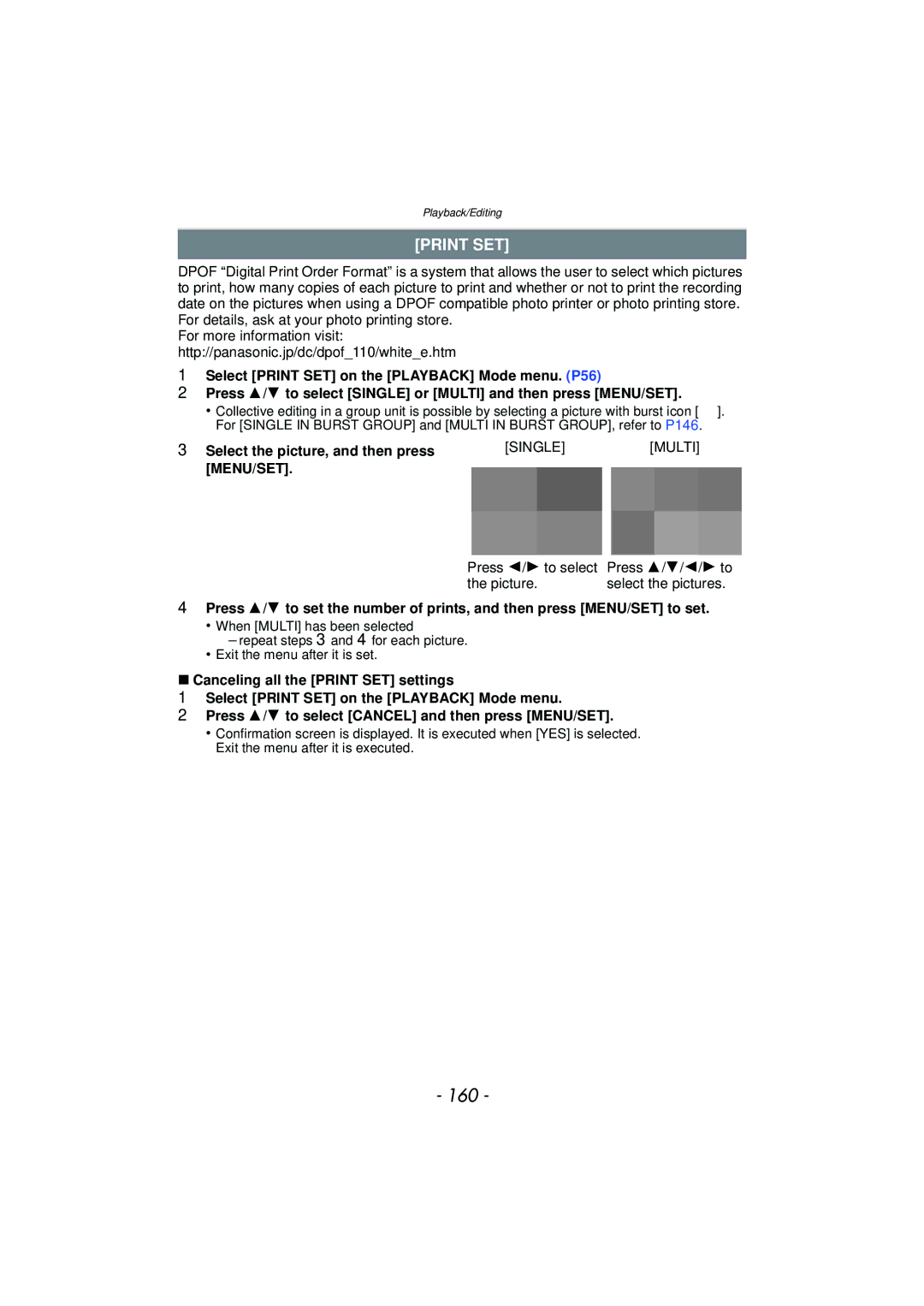 Panasonic DMC-G3 owner manual 160, Print SET, Single Multi MENU/SET 