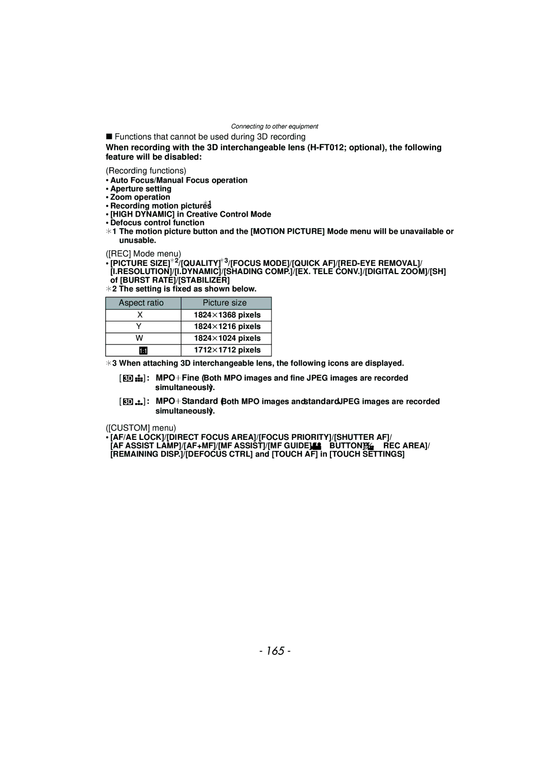 Panasonic DMC-G3 165, Functions that cannot be used during 3D recording, REC Mode menu, Aspect ratio Picture size 