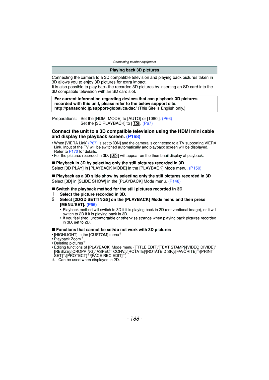 Panasonic DMC-G3 owner manual 166, Playing back 3D pictures, Functions that cannot be set/do not work with 3D pictures 