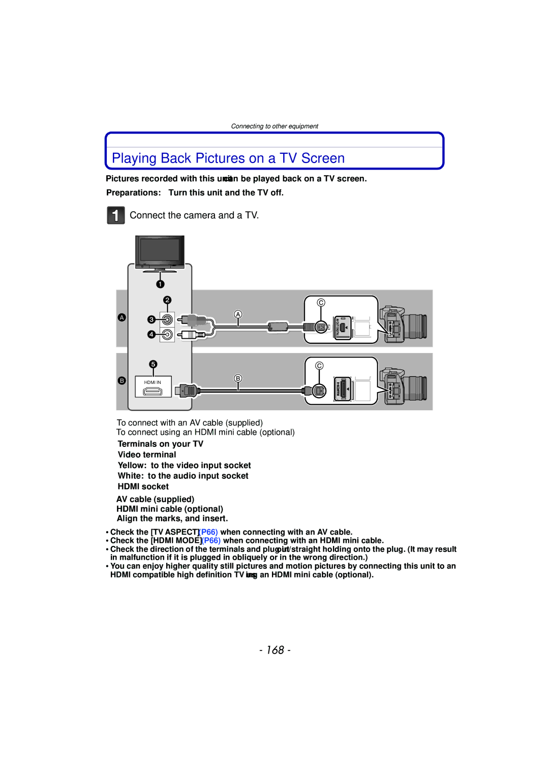 Panasonic DMC-G3 owner manual Playing Back Pictures on a TV Screen, 168, Connect the camera and a TV 