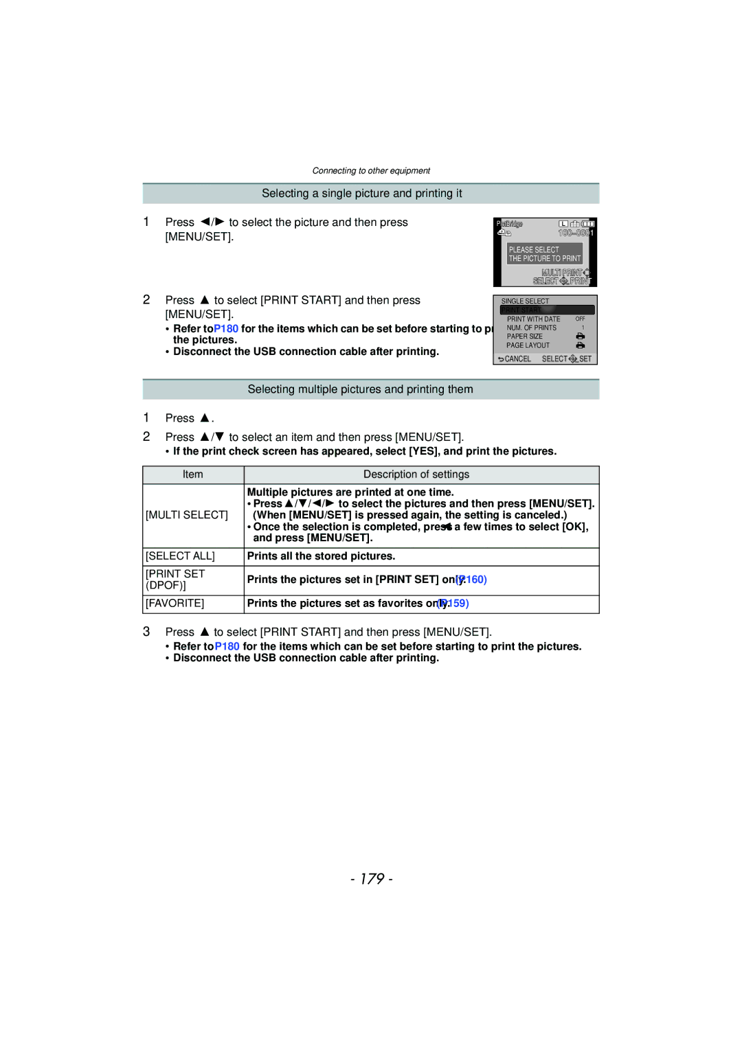 Panasonic DMC-G3 owner manual 179, Press 3 to select Print Start and then press MENU/SET 