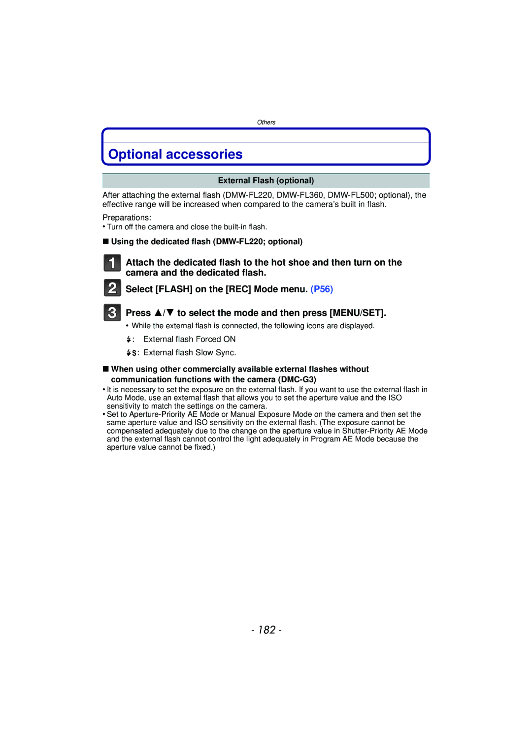 Panasonic DMC-G3 Optional accessories, 182, External Flash optional, Using the dedicated flash DMW-FL220 optional 