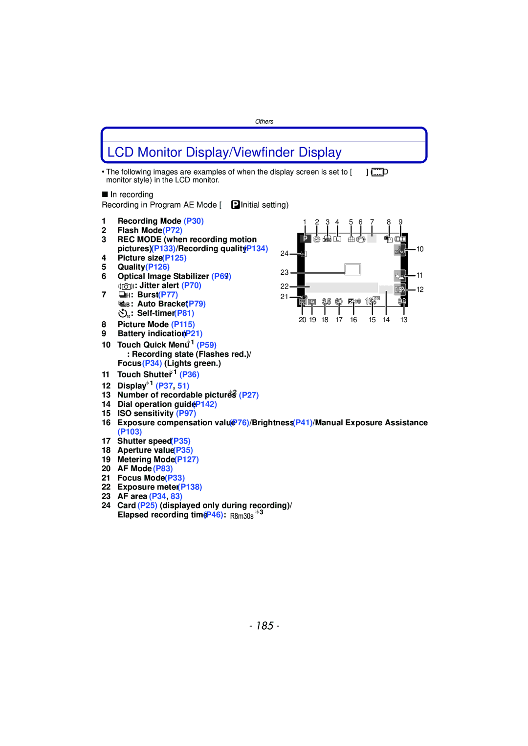 Panasonic DMC-G3 LCD Monitor Display/Viewfinder Display, 185, Recording Recording in Program AE Mode Initial setting 