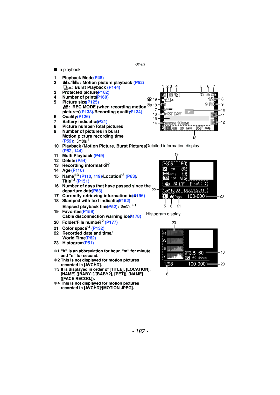 Panasonic DMC-G3 owner manual 187, Playback, Detailed information display, Histogram display 