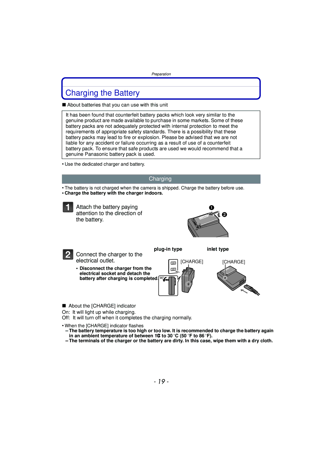 Panasonic DMC-G3 owner manual Charging the Battery, Connect the charger to Electrical outlet, Plug-in type Inlet type 