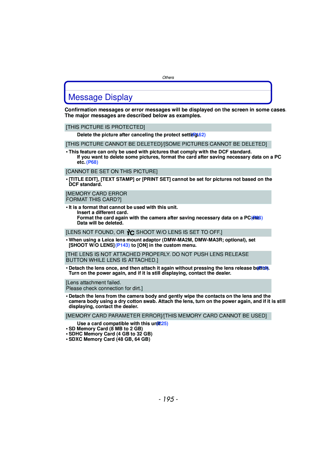 Panasonic DMC-G3 owner manual Message Display, 195 