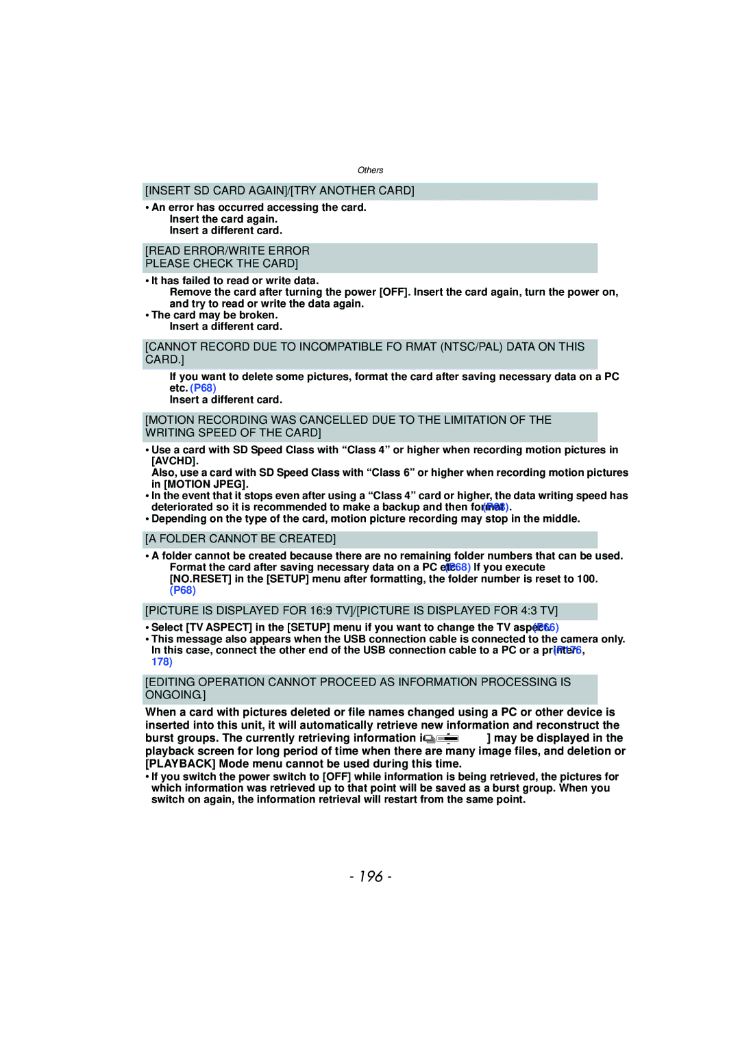 Panasonic DMC-G3 owner manual 196, Insert SD Card AGAIN/TRY Another Card, Read ERROR/WRITE Error Please Check the Card 