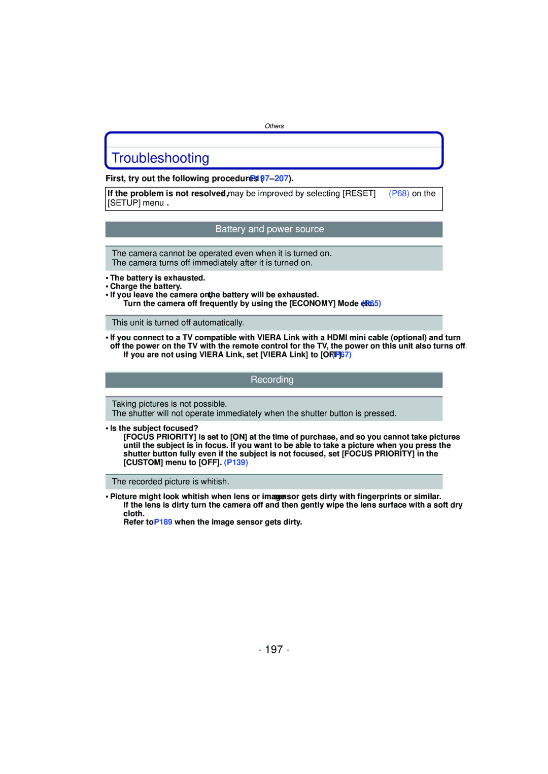 Panasonic DMC-G3 owner manual Troubleshooting, 197, Battery and power source, Recording 