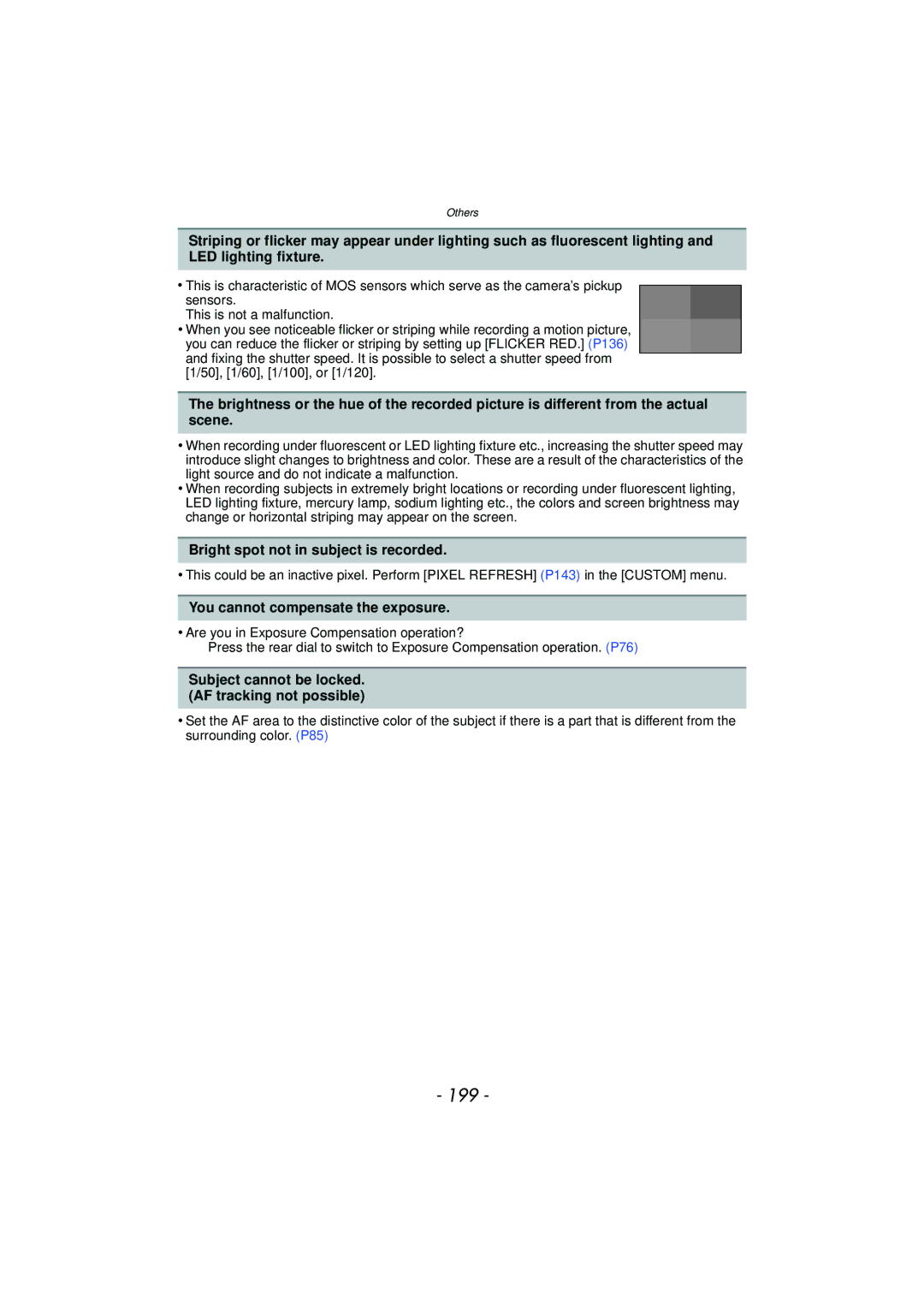 Panasonic DMC-G3 owner manual 199, Bright spot not in subject is recorded, You cannot compensate the exposure 