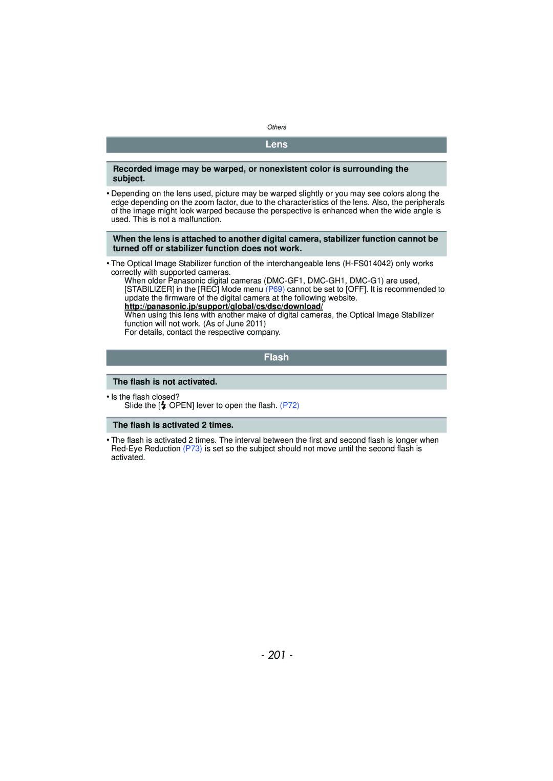 Panasonic DMC-G3 owner manual 201, Lens, Flash is not activated, Flash is activated 2 times 