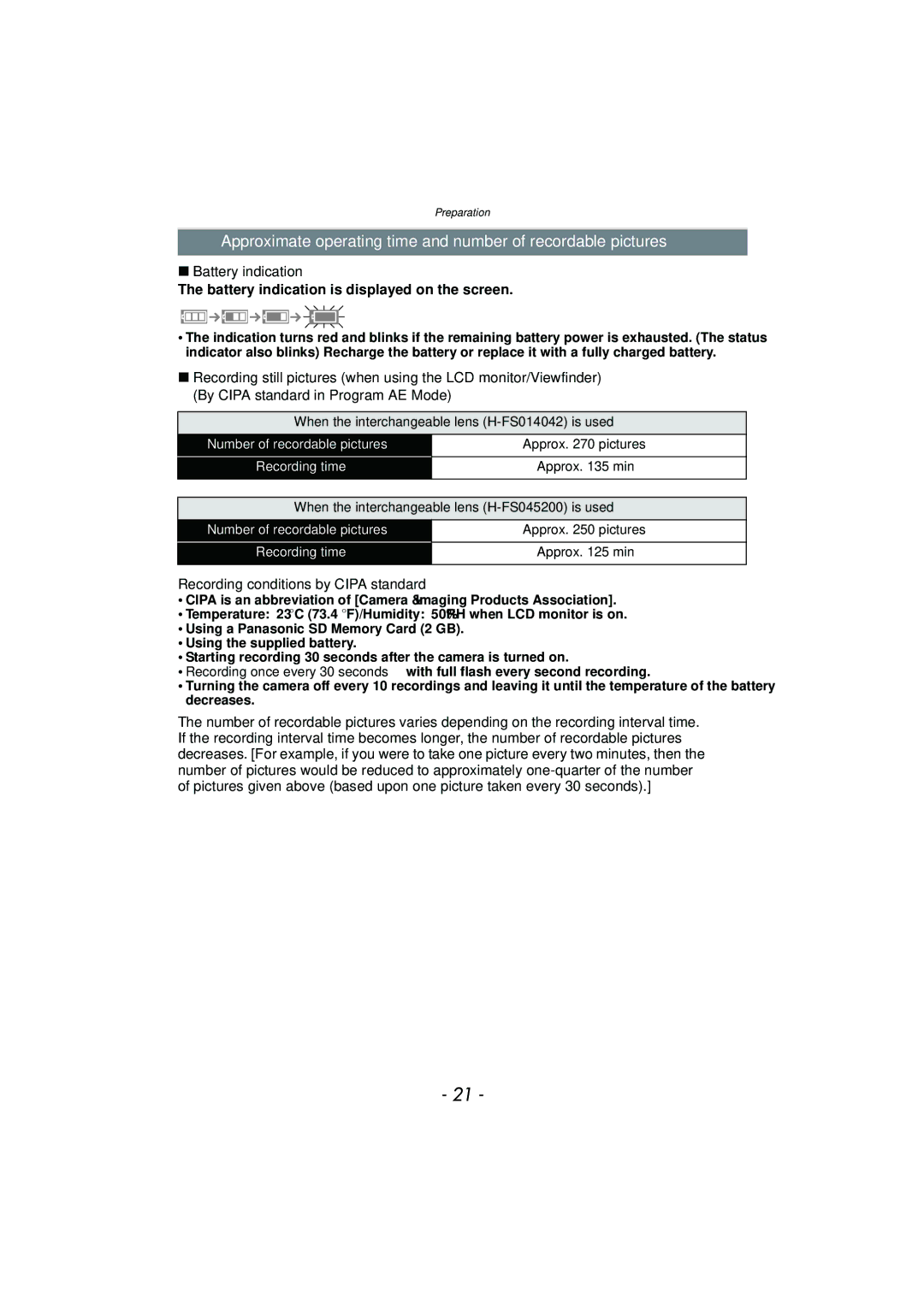 Panasonic DMC-G3 owner manual Battery indication is displayed on the screen, Recording conditions by Cipa standard 