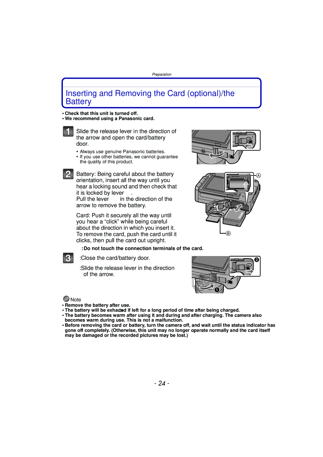 Panasonic DMC-G3 Inserting and Removing the Card optional/the Battery, Do not touch the connection terminals of the card 