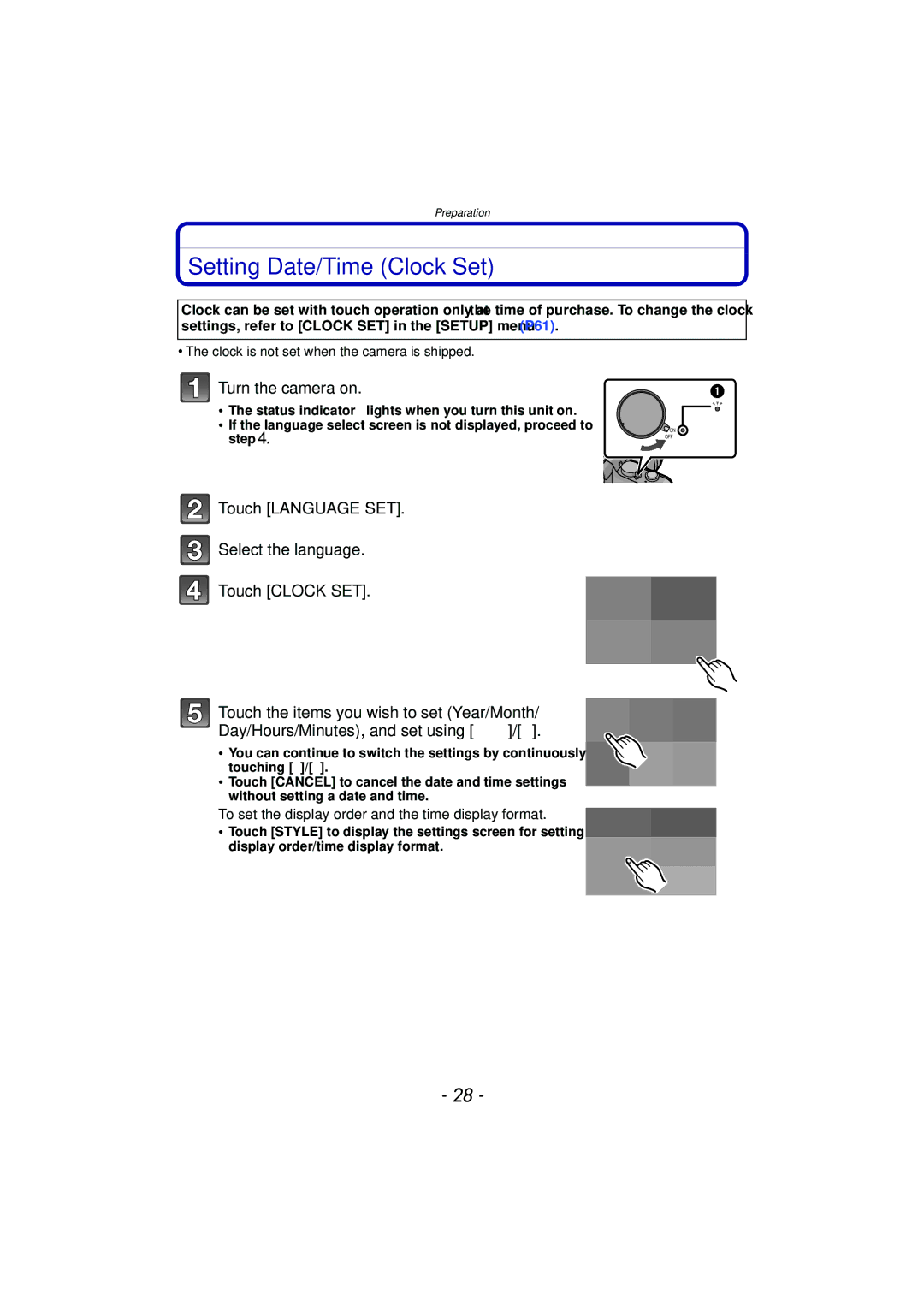 Panasonic DMC-G3 Setting Date/Time Clock Set, Turn the camera on, To set the display order and the time display format 