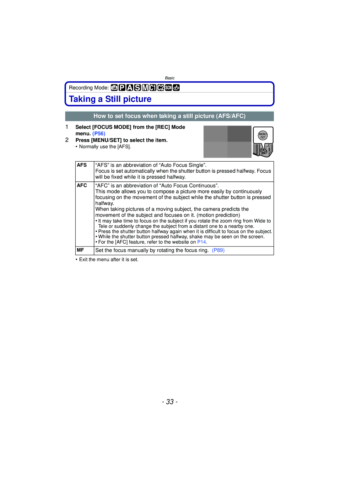 Panasonic DMC-G3 owner manual Taking a Still picture, How to set focus when taking a still picture AFS/AFC, Recording Mode 