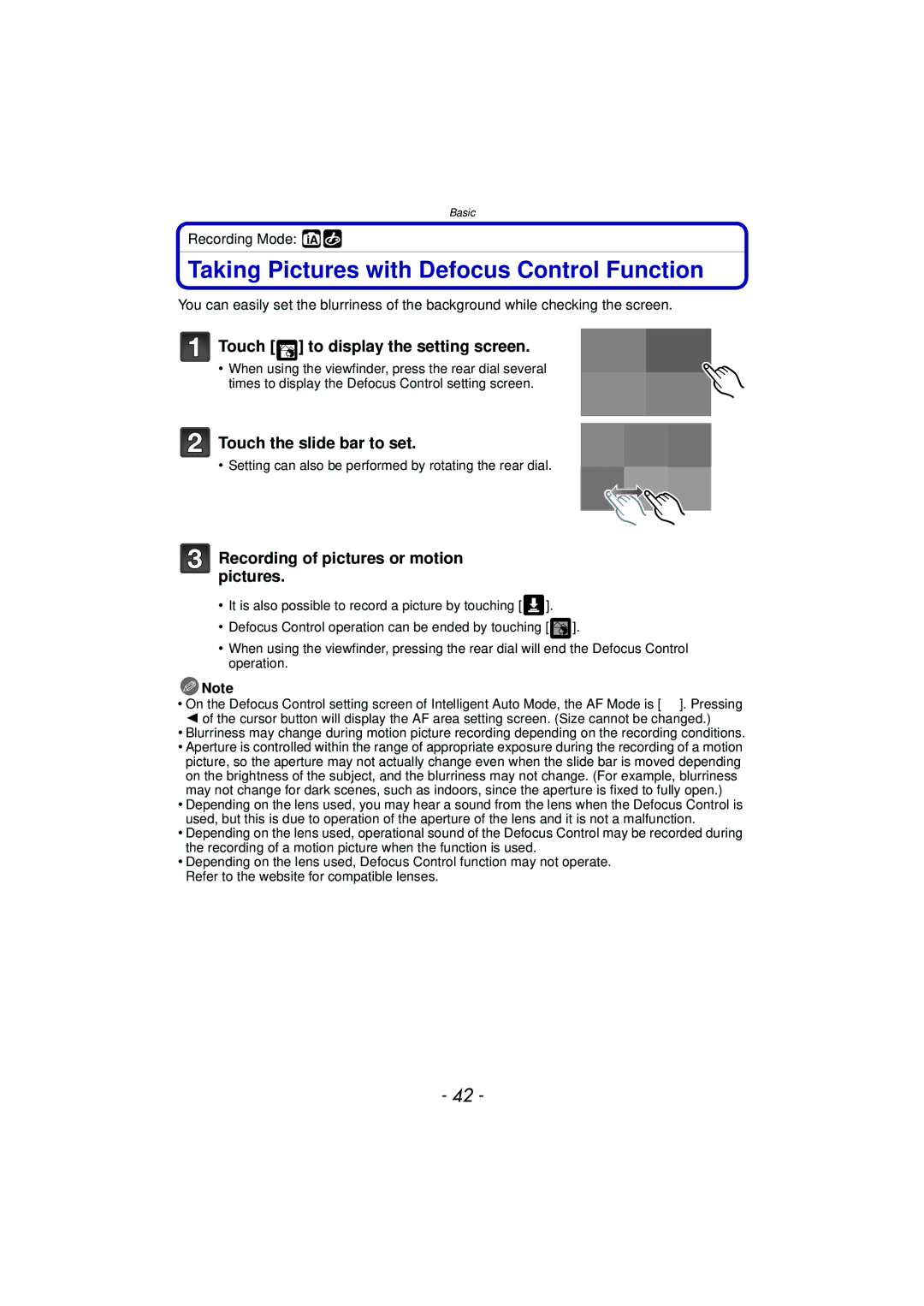 Panasonic DMC-G3 owner manual Taking Pictures with Defocus Control Function, Touch ×, To display the setting screen 