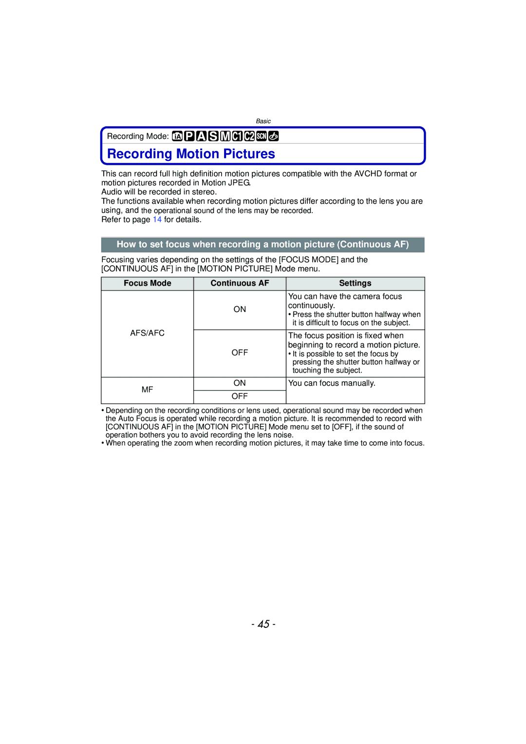 Panasonic DMC-G3 owner manual Recording Motion Pictures, Focus Mode Continuous AF Settings 