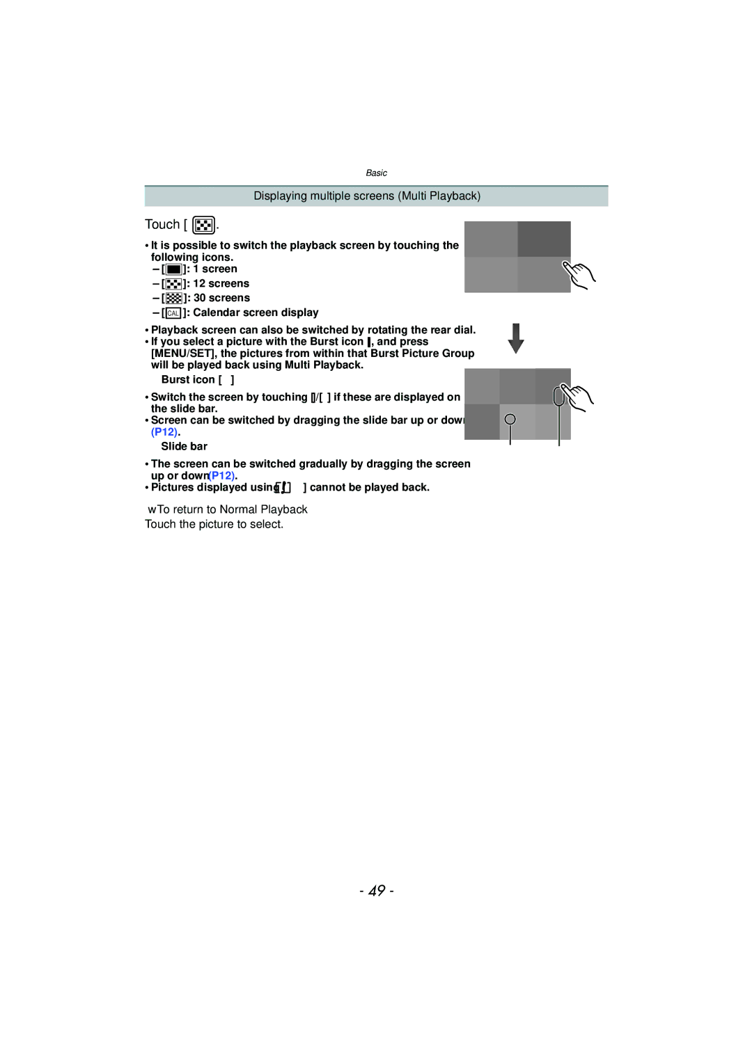 Panasonic DMC-G3 owner manual Touch, Displaying multiple screens Multi Playback 