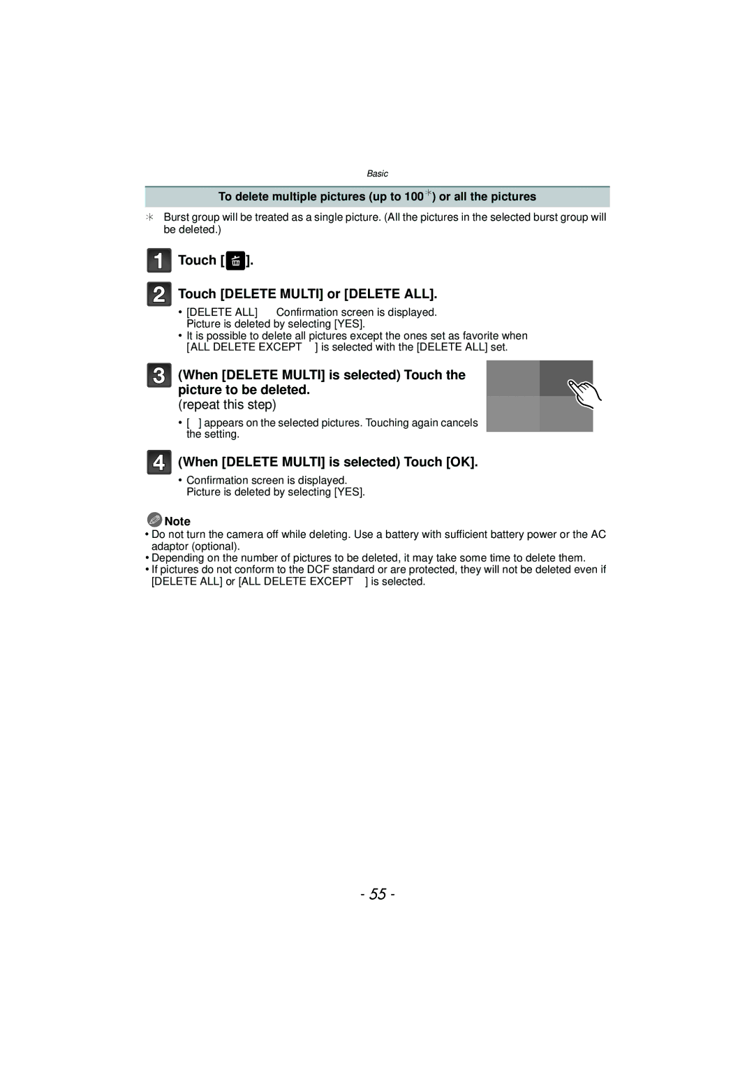 Panasonic DMC-G3 owner manual Touch Touch Delete Multi or Delete ALL, When Delete Multi is selected Touch OK 