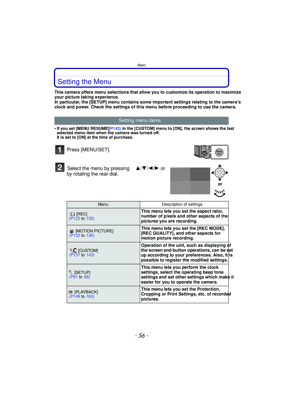 Panasonic DMC-G3 owner manual Setting the Menu, Setting menu items 