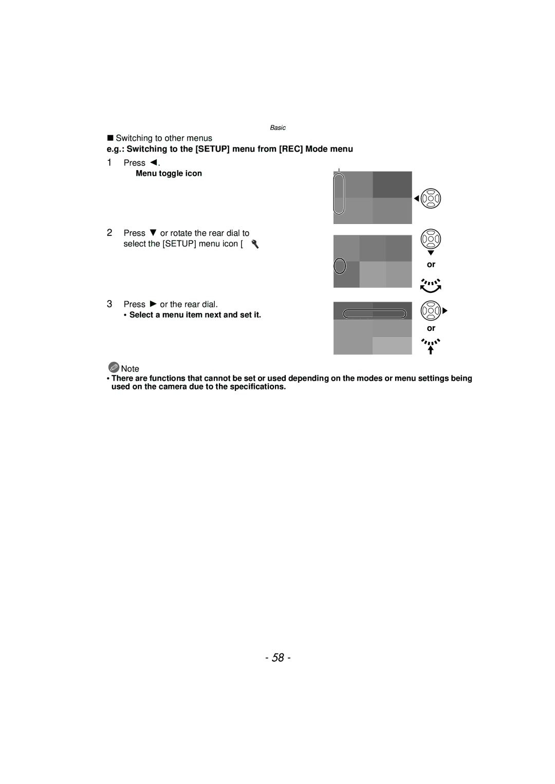 Panasonic DMC-G3 Switching to other menus, Switching to the Setup menu from REC Mode menu, Press 1 or the rear dial 