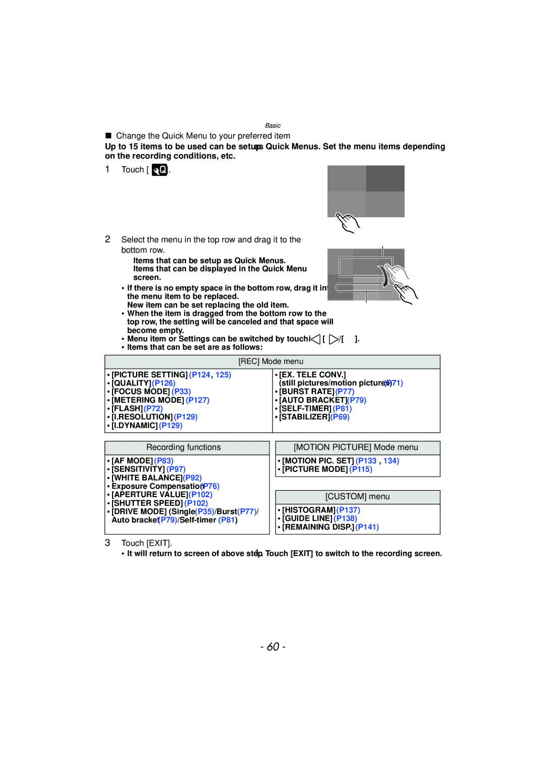 Panasonic DMC-G3 Change the Quick Menu to your preferred item, Recording functions, Motion Picture Mode menu, Custom menu 