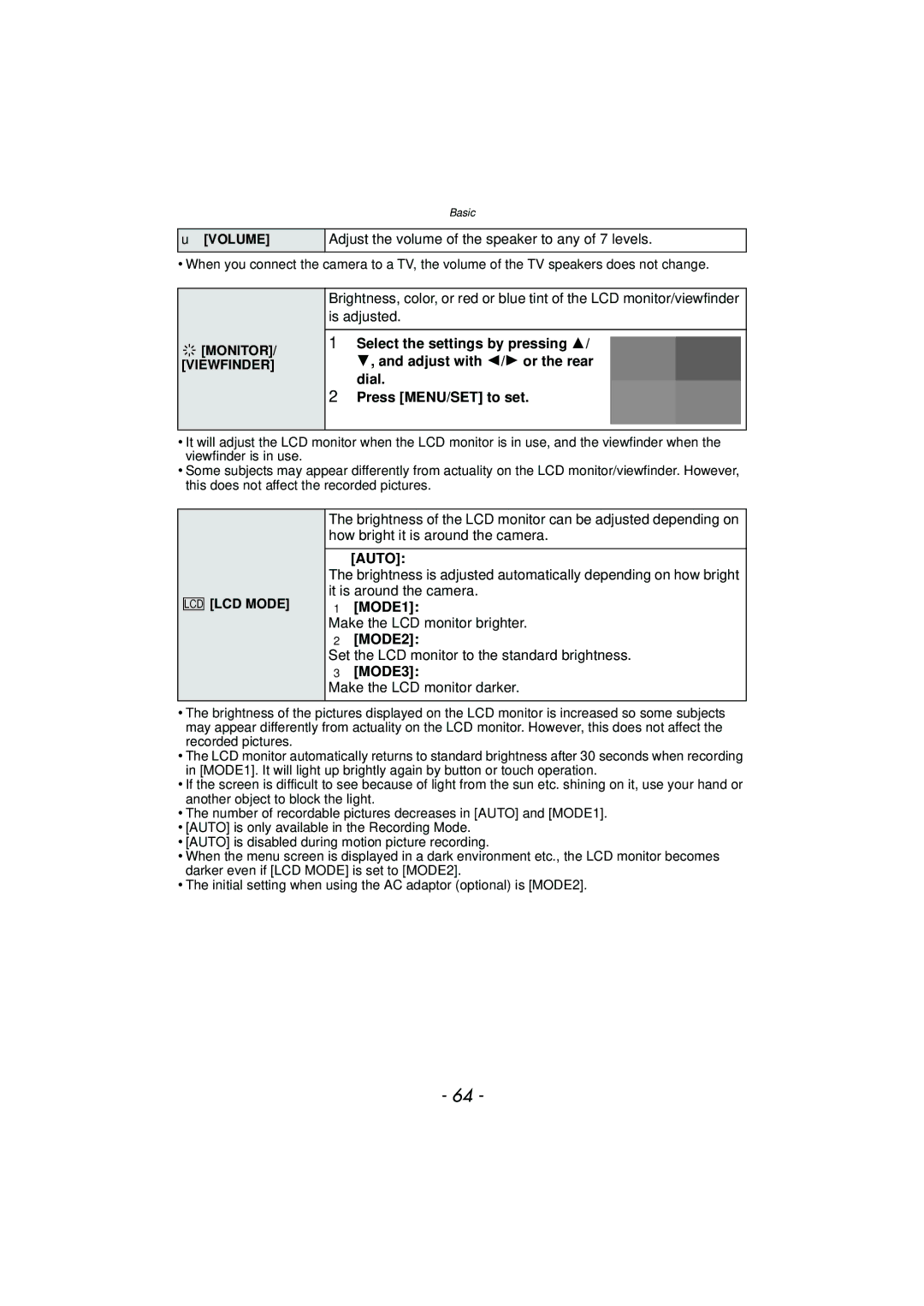 Panasonic DMC-G3 owner manual Adjust the volume of the speaker to any of 7 levels, „ Auto, …1 MODE1, Viewfinder, LCD Mode 