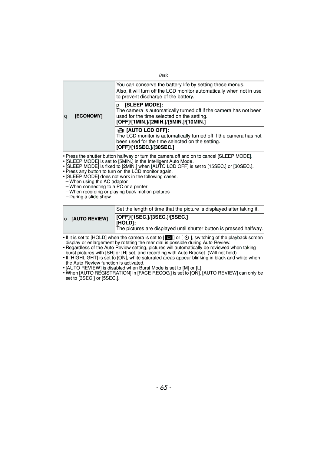 Panasonic DMC-G3 owner manual Auto LCD OFF, Hold 