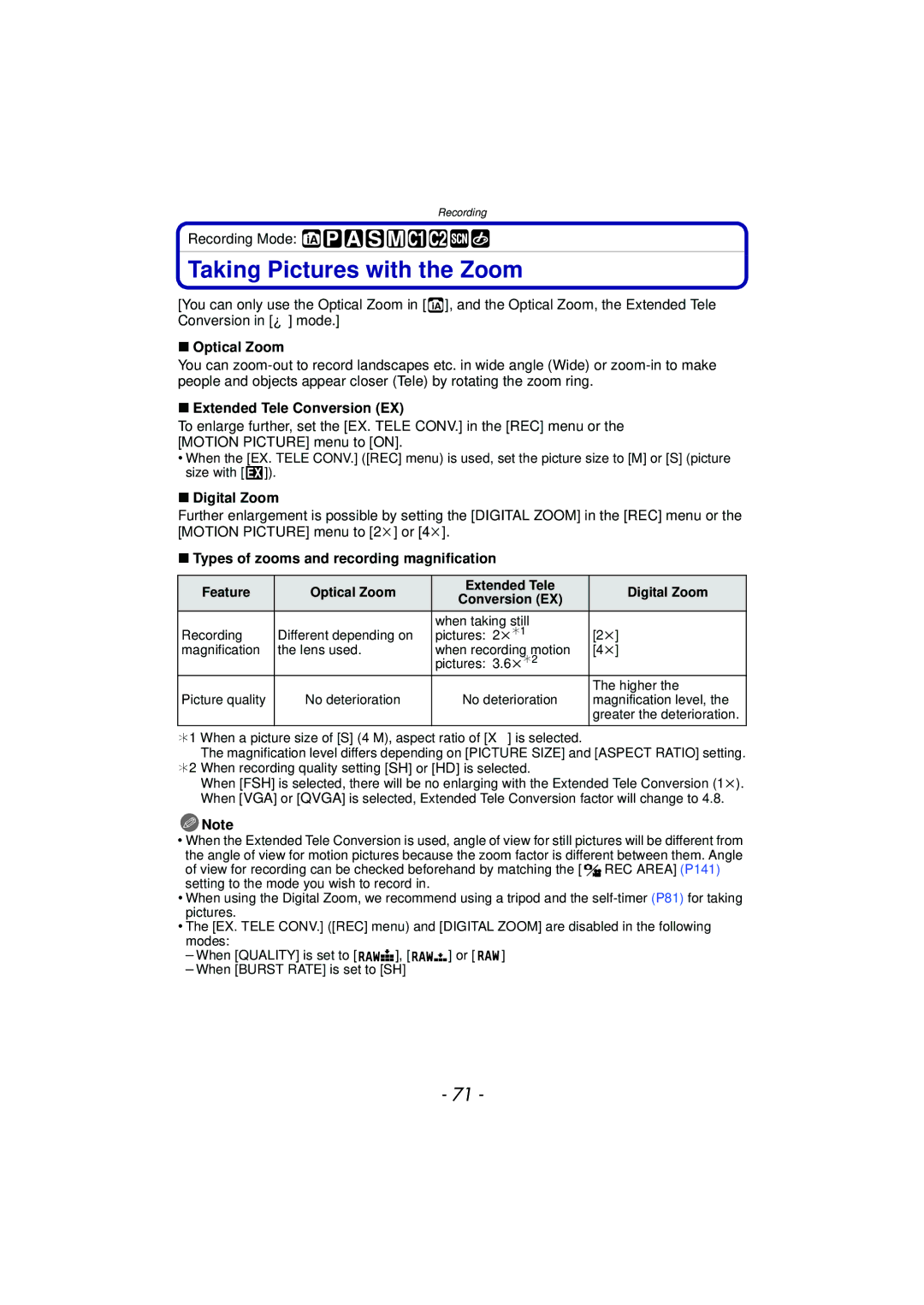 Panasonic DMC-G3 owner manual Taking Pictures with the Zoom, Optical Zoom, Extended Tele Conversion EX, Digital Zoom 