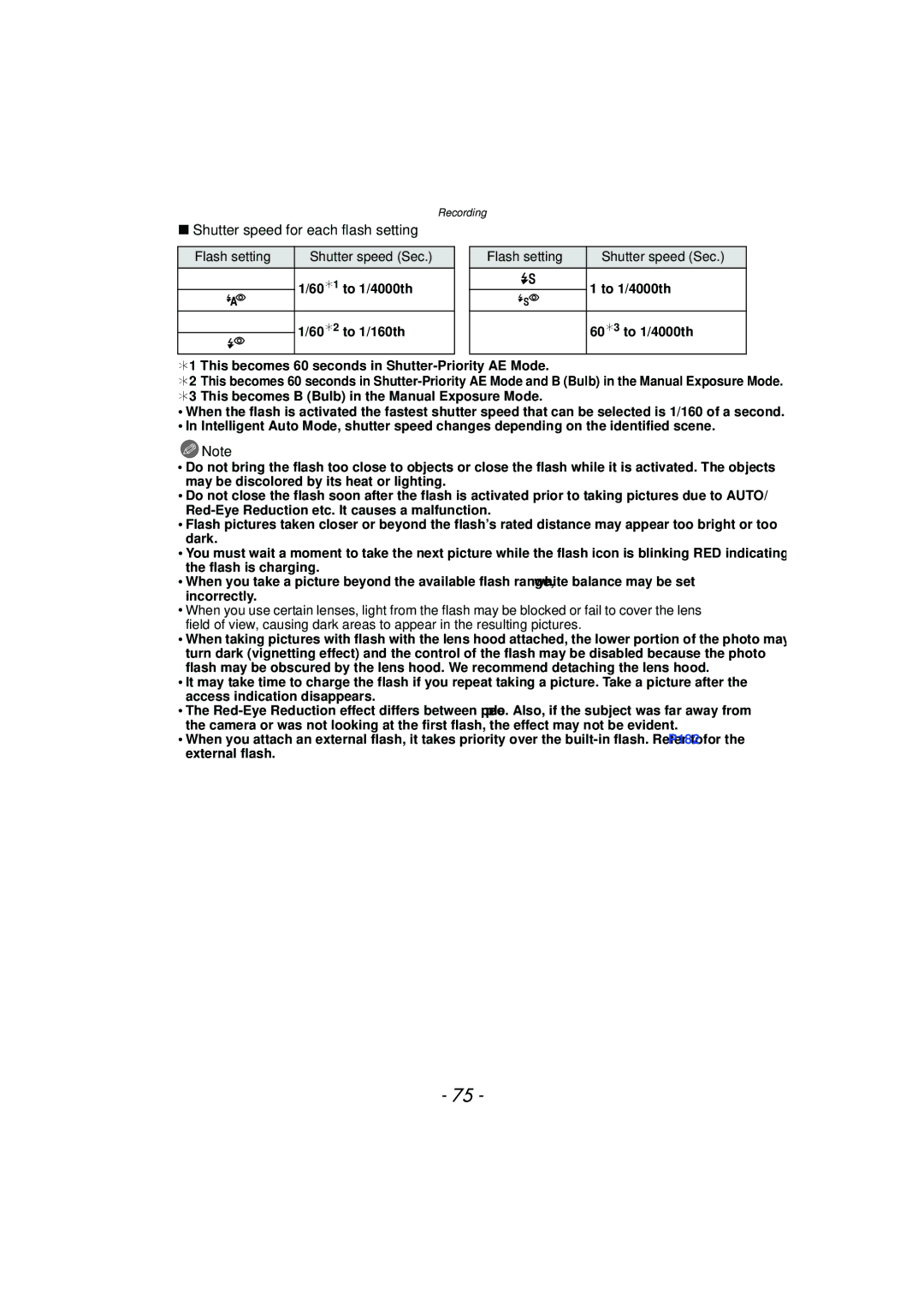 Panasonic DMC-G3 owner manual Shutter speed for each flash setting, Flash setting Shutter speed Sec 