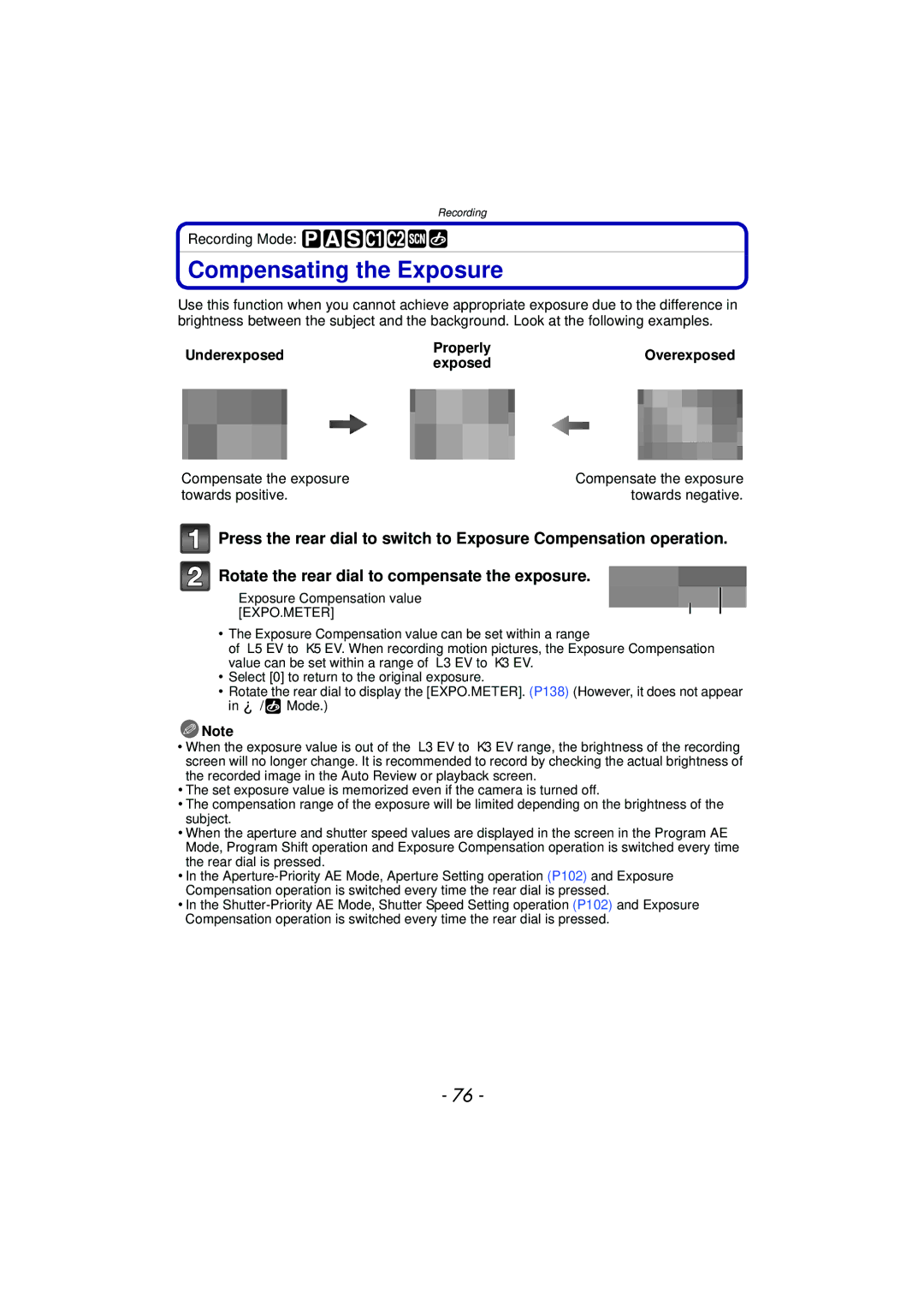 Panasonic DMC-G3 owner manual Compensating the Exposure, Underexposed Properly, Exposed, Compensate the exposure 