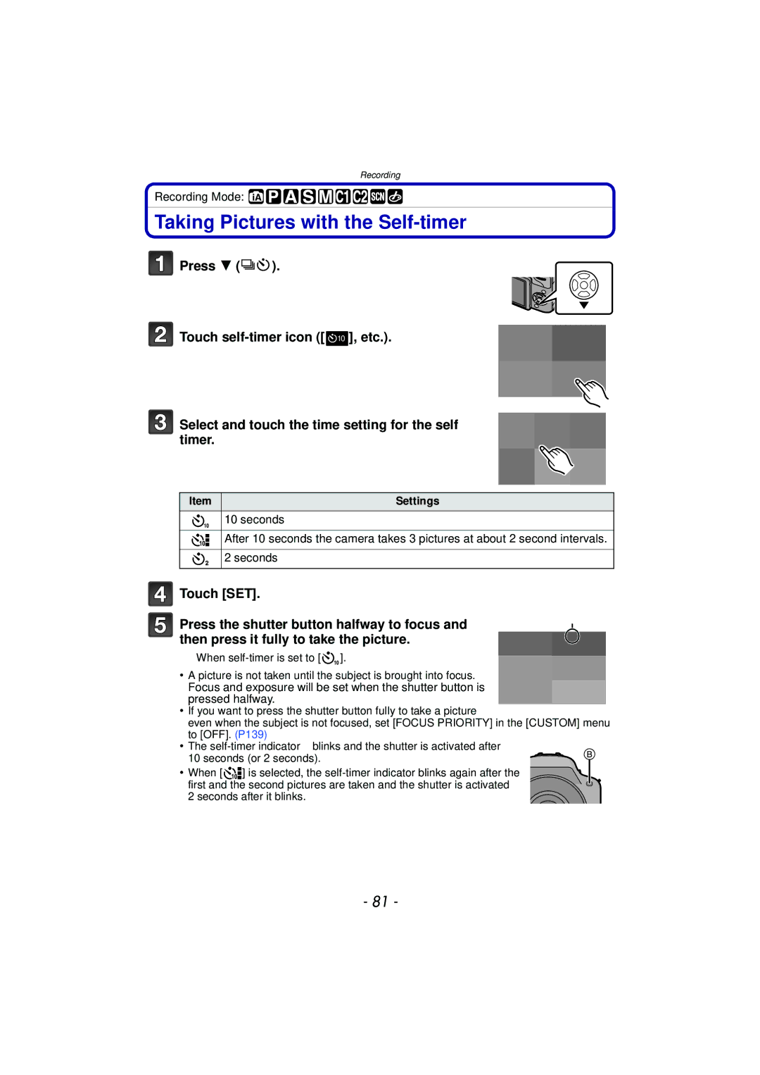 Panasonic DMC-G3 owner manual Taking Pictures with the Self-timer, Settings 