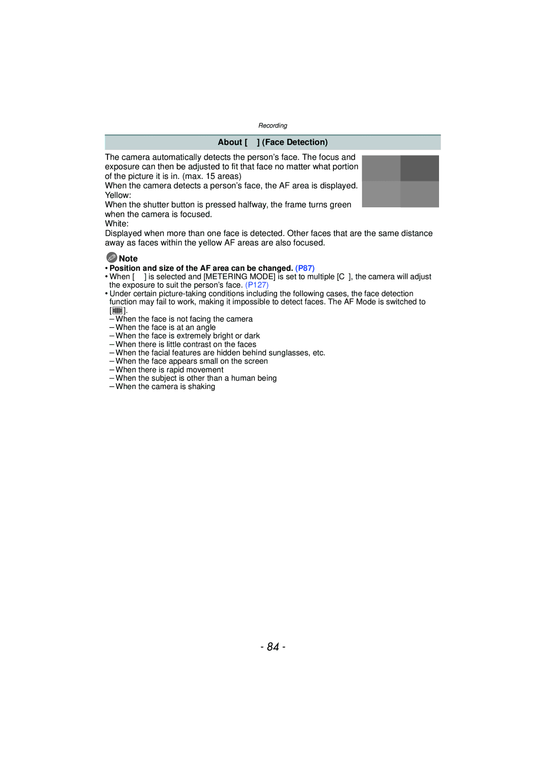 Panasonic DMC-G3 owner manual About š Face Detection, Position and size of the AF area can be changed. P87 