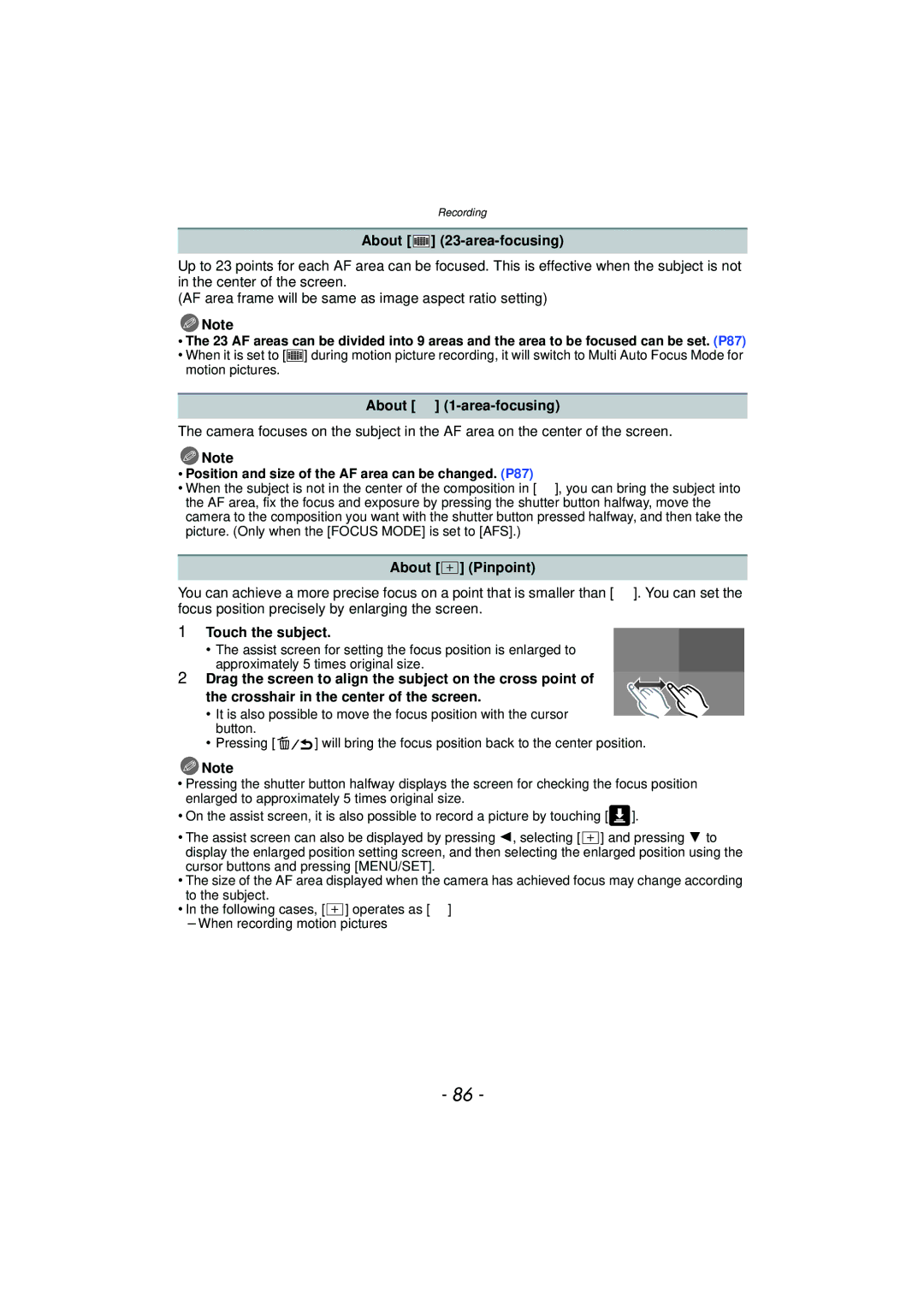 Panasonic DMC-G3 owner manual About 23-area-focusing, About Ø 1-area-focusing, About Pinpoint, Touch the subject 