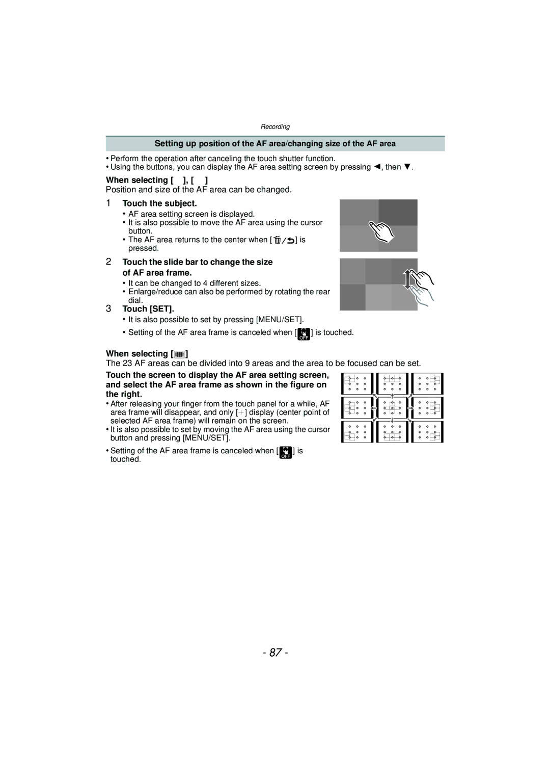 Panasonic DMC-G3 owner manual When selecting š, Ø, Position and size of the AF area can be changed, Touch SET 