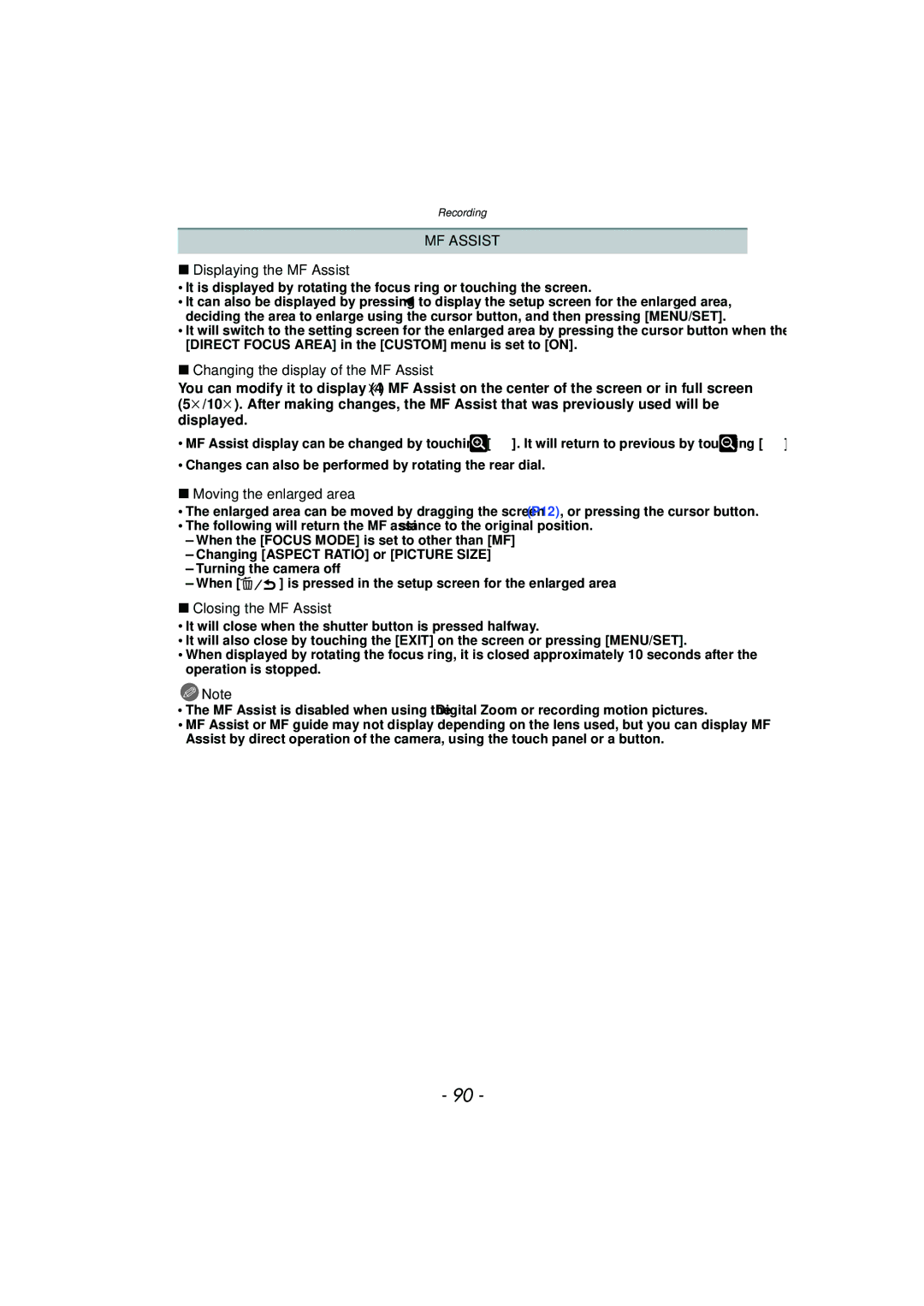 Panasonic DMC-G3 owner manual Displaying the MF Assist, Changing the display of the MF Assist, Moving the enlarged area 