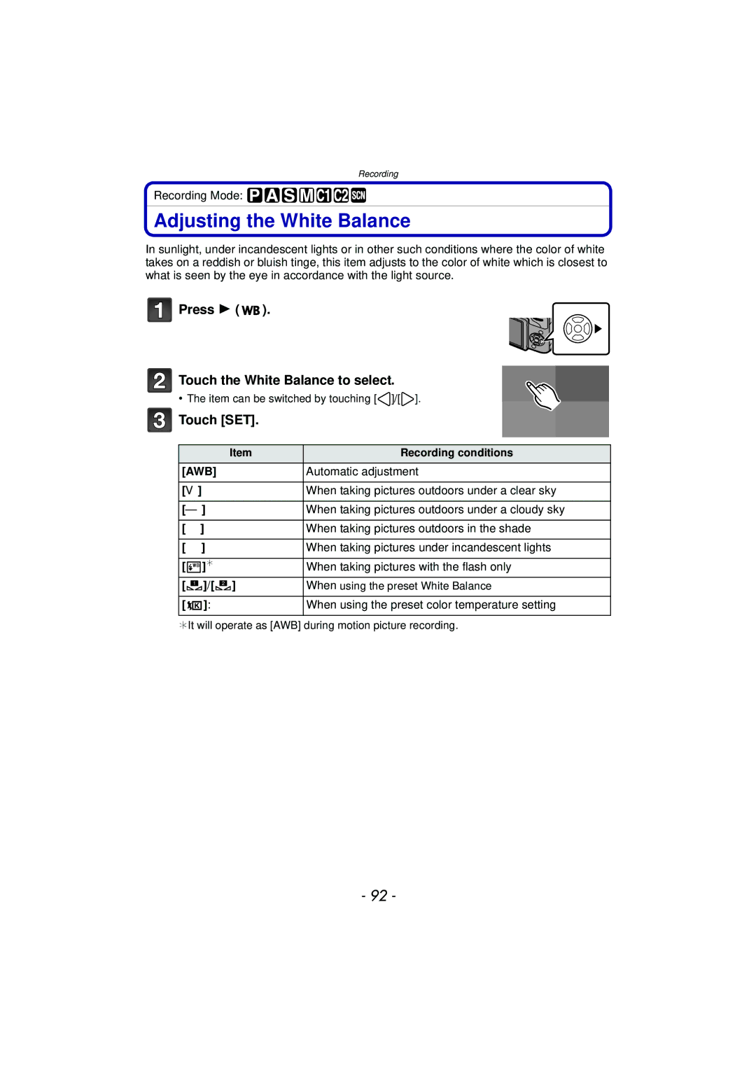 Panasonic DMC-G3 owner manual Adjusting the White Balance, Press Touch the White Balance to select, Awb 