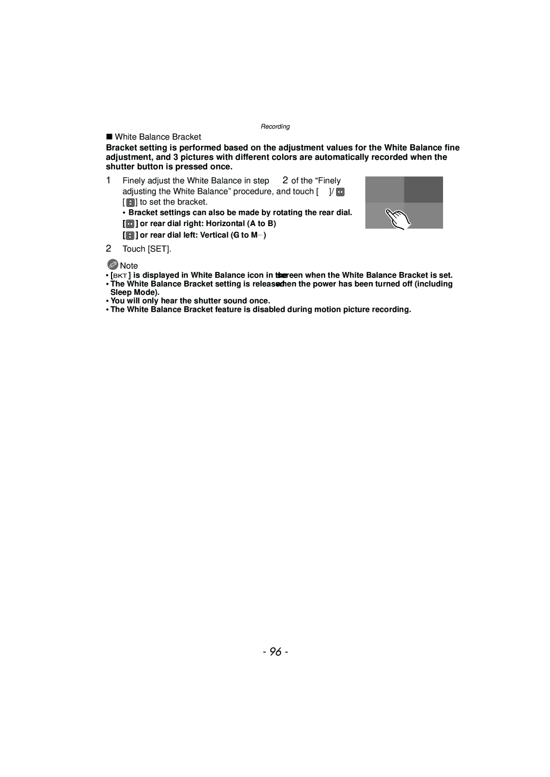 Panasonic DMC-G3 owner manual White Balance Bracket, To set the bracket 