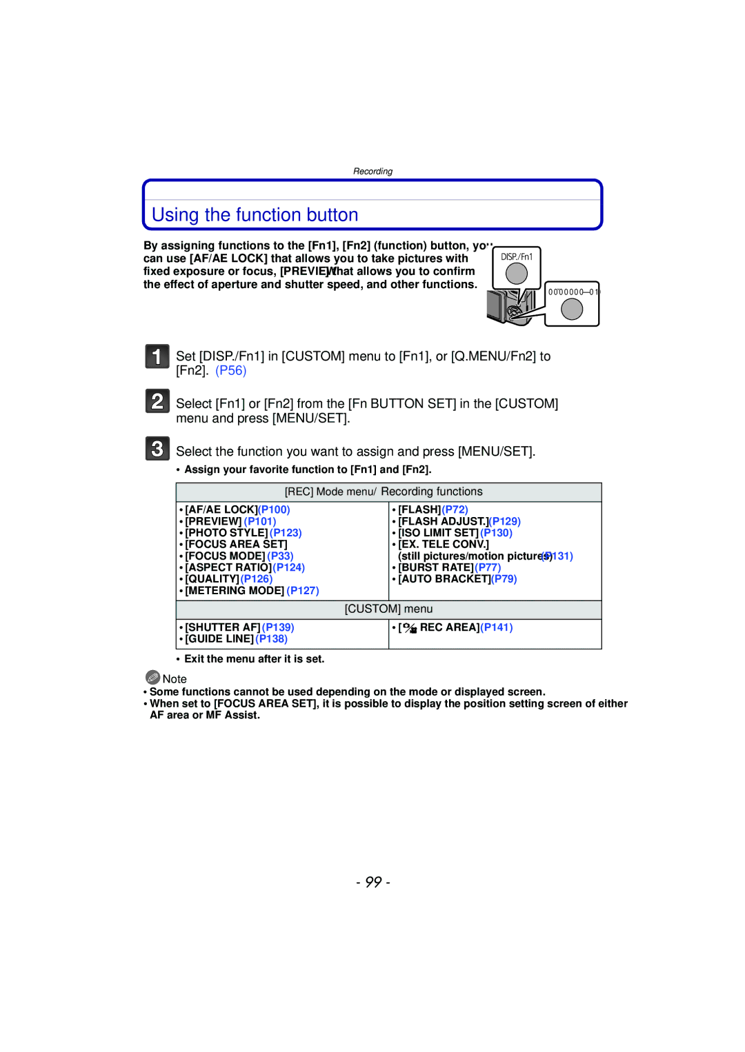 Panasonic DMC-G3 owner manual Using the function button, REC Mode menu/Recording functions 