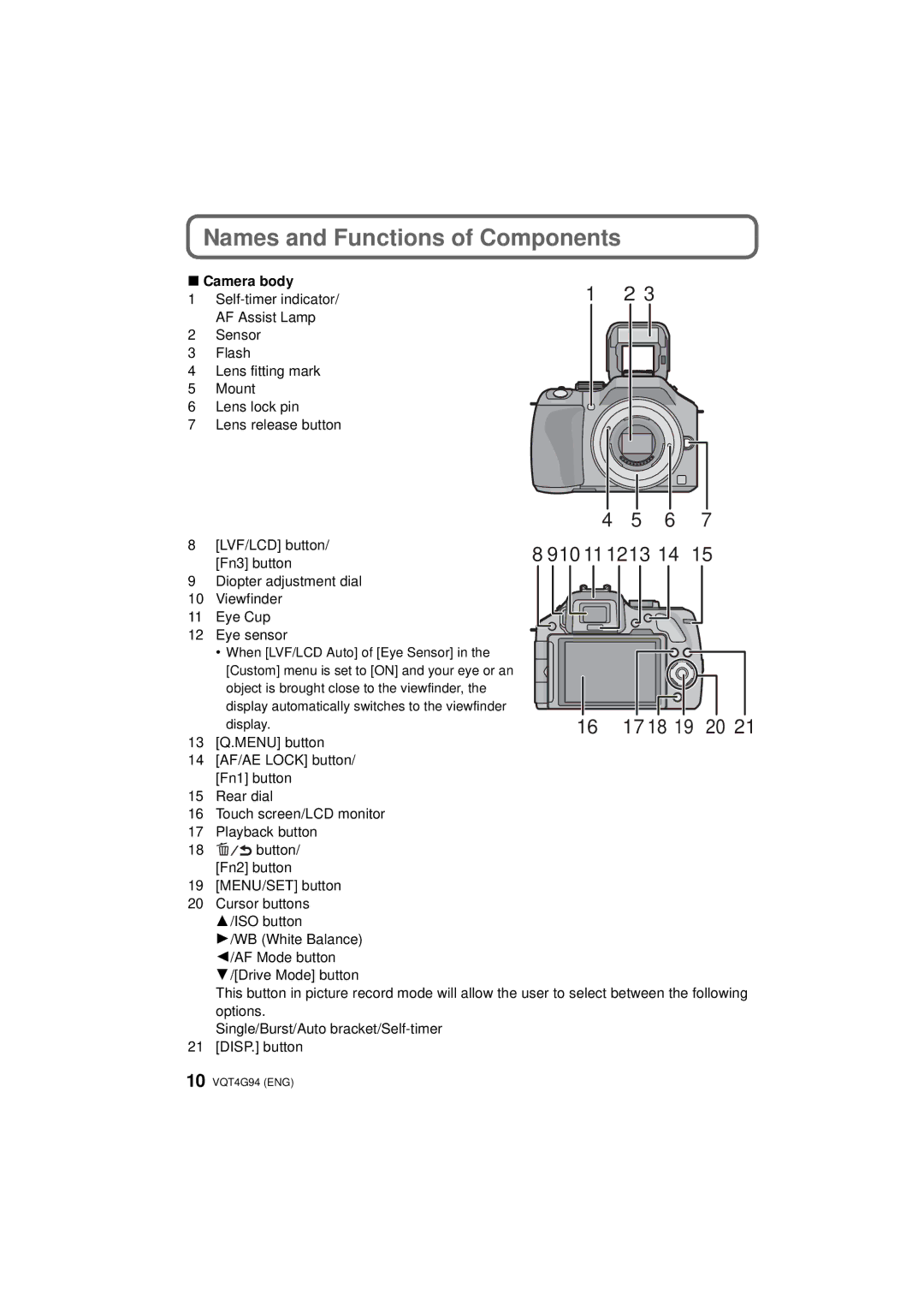 Panasonic DMC-G5X, DMC-G5-K, DMC-G5K owner manual Names and Functions of Components, Camera body 