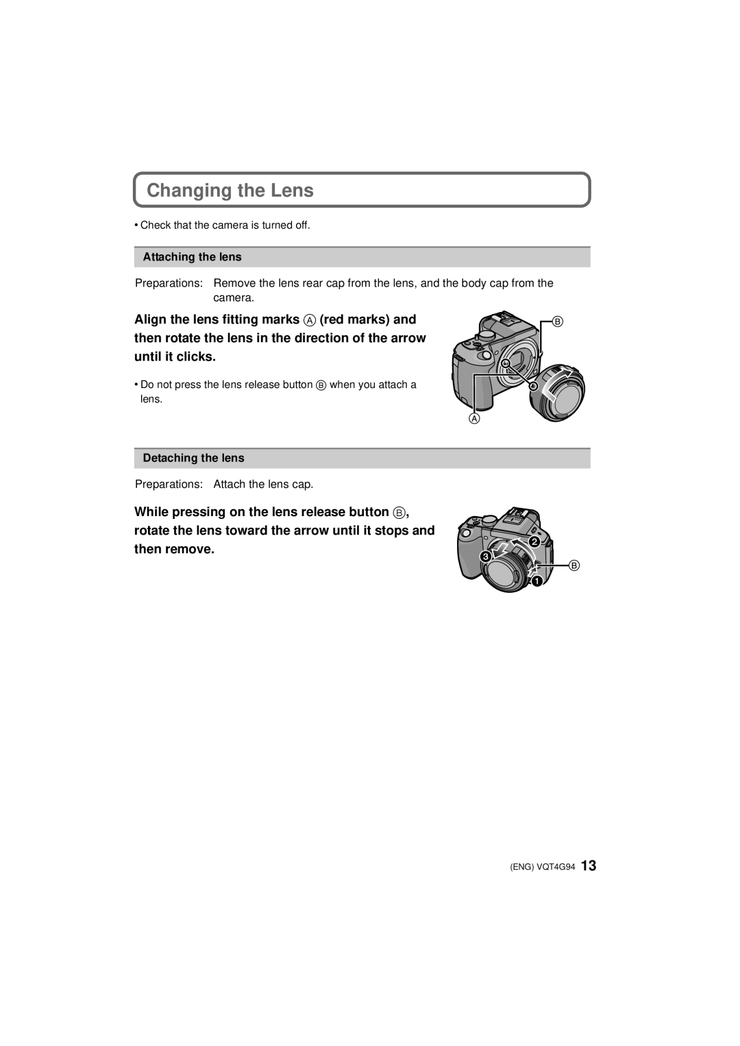 Panasonic DMC-G5-K, DMC-G5X Changing the Lens, Attaching the lens, Detaching the lens, Preparations Attach the lens cap 