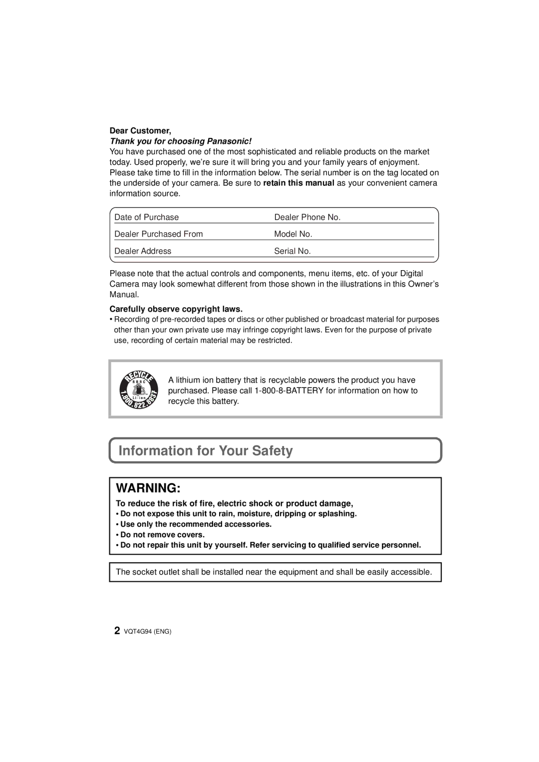 Panasonic DMC-G5X, DMC-G5-K, DMC-G5K Information for Your Safety, Dear Customer, Carefully observe copyright laws 